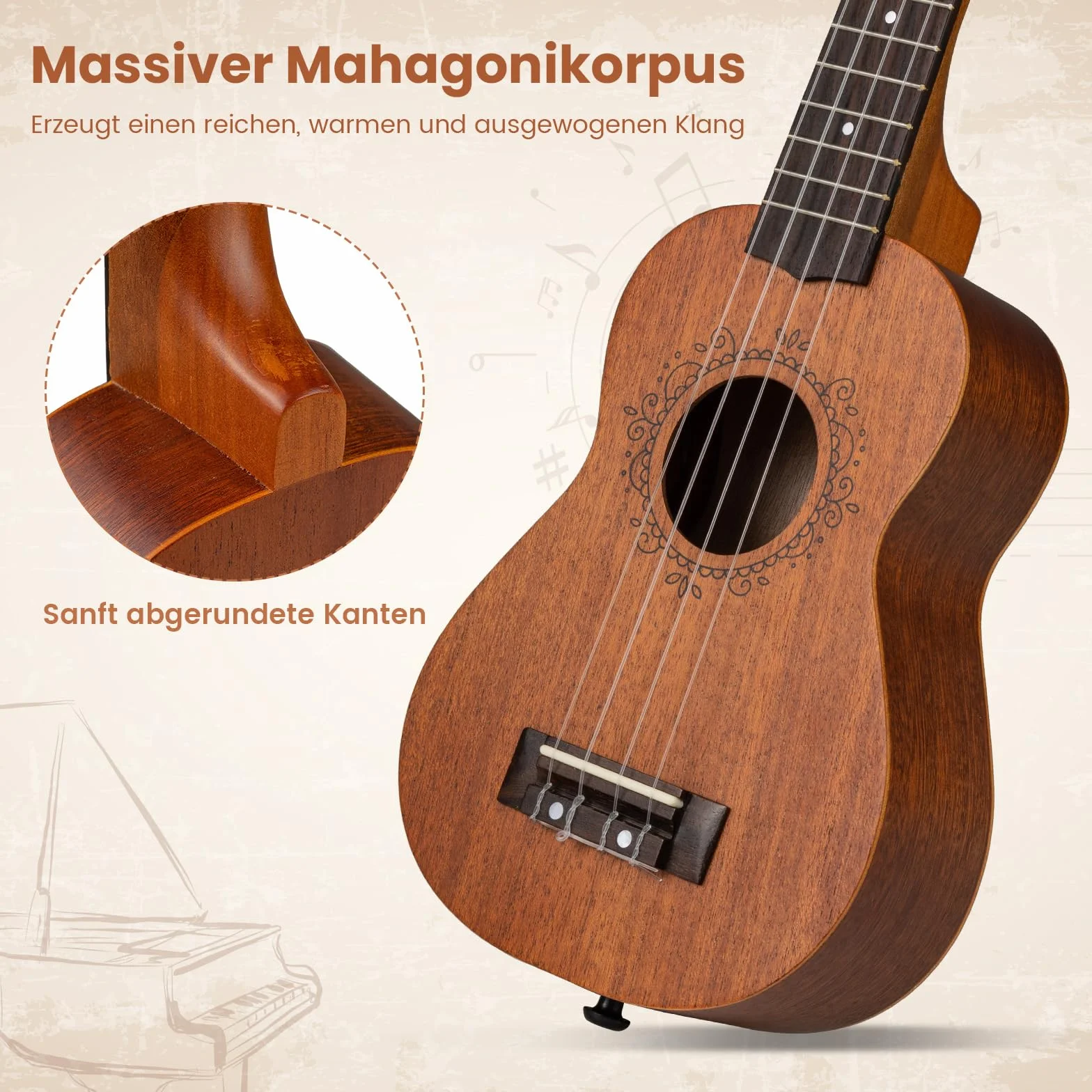 COSTWAY Ukulele sopranowe, drewniane ukulele 21", zestaw startowy z torbą, pick, tunerem, gęstymi i dodatkowymi strunami nylonowymi, w stylu vintage, mała gitara w stylu vintage, dla dzieci, dorosłych