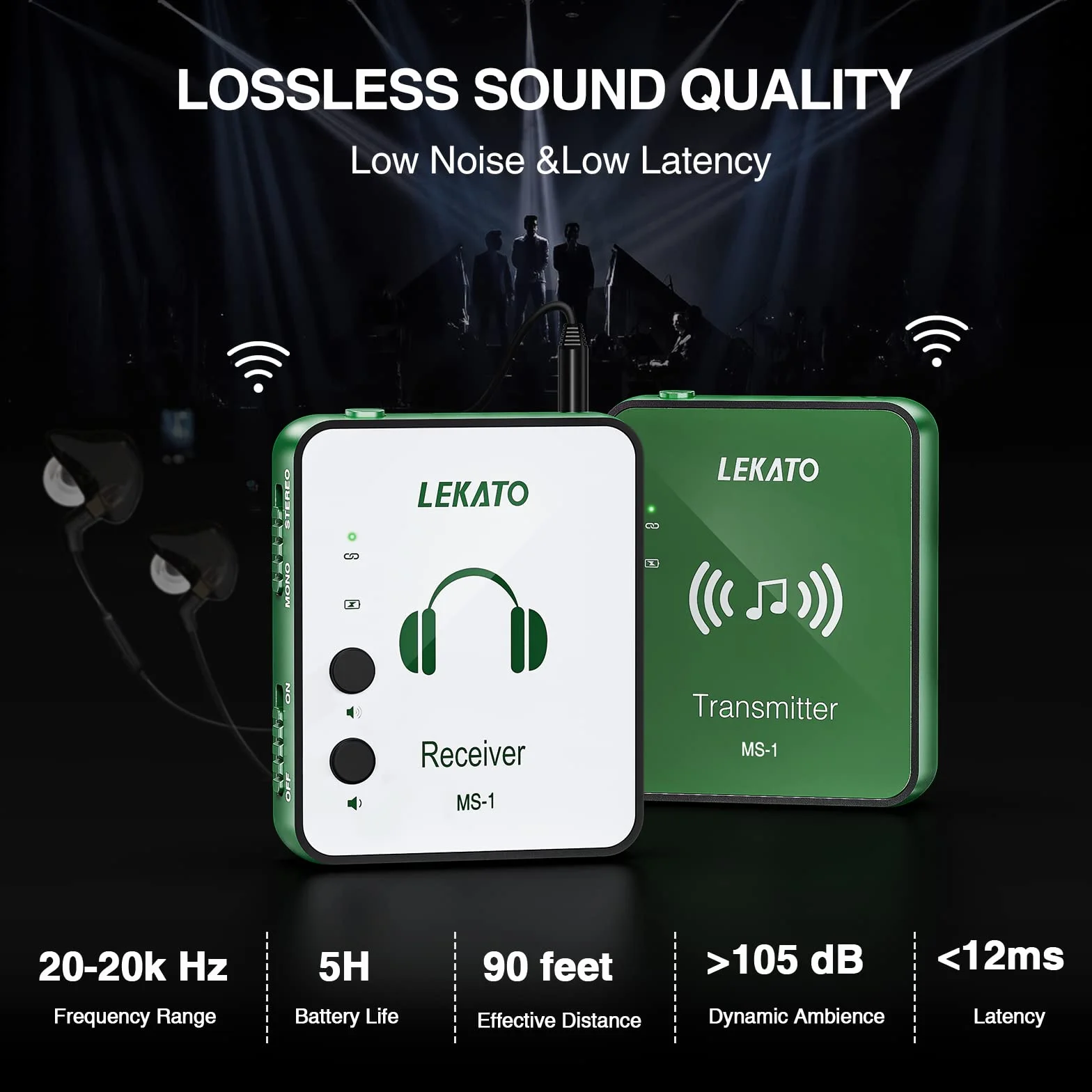 LEKATO MS-1 bezprzewodowy system monitorowania 2,4 G stereo IEM z nadajnikiem, odbiornik, automatyczne parowanie, do studia, prób zespołowych, występów na żywo (zielony)