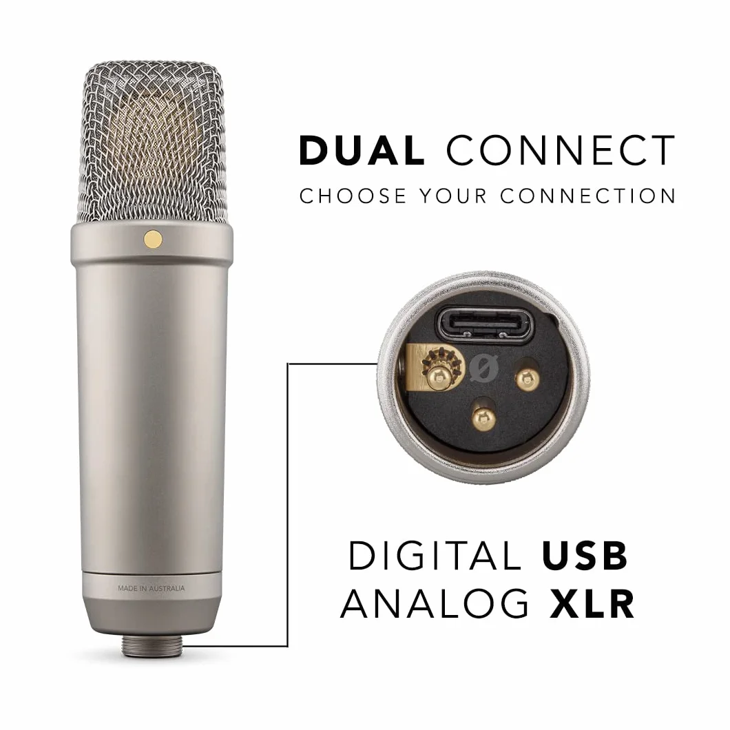 RØDE Studyjny mikrofon pojemnościowy NT1 5. generacji z dużą membraną, wyjściami XLR i USB, mocowaniem antywstrząsowym oraz pop filtrem do produkcji muzycznej, nagrywania wokalu i podcastów, Srebrny