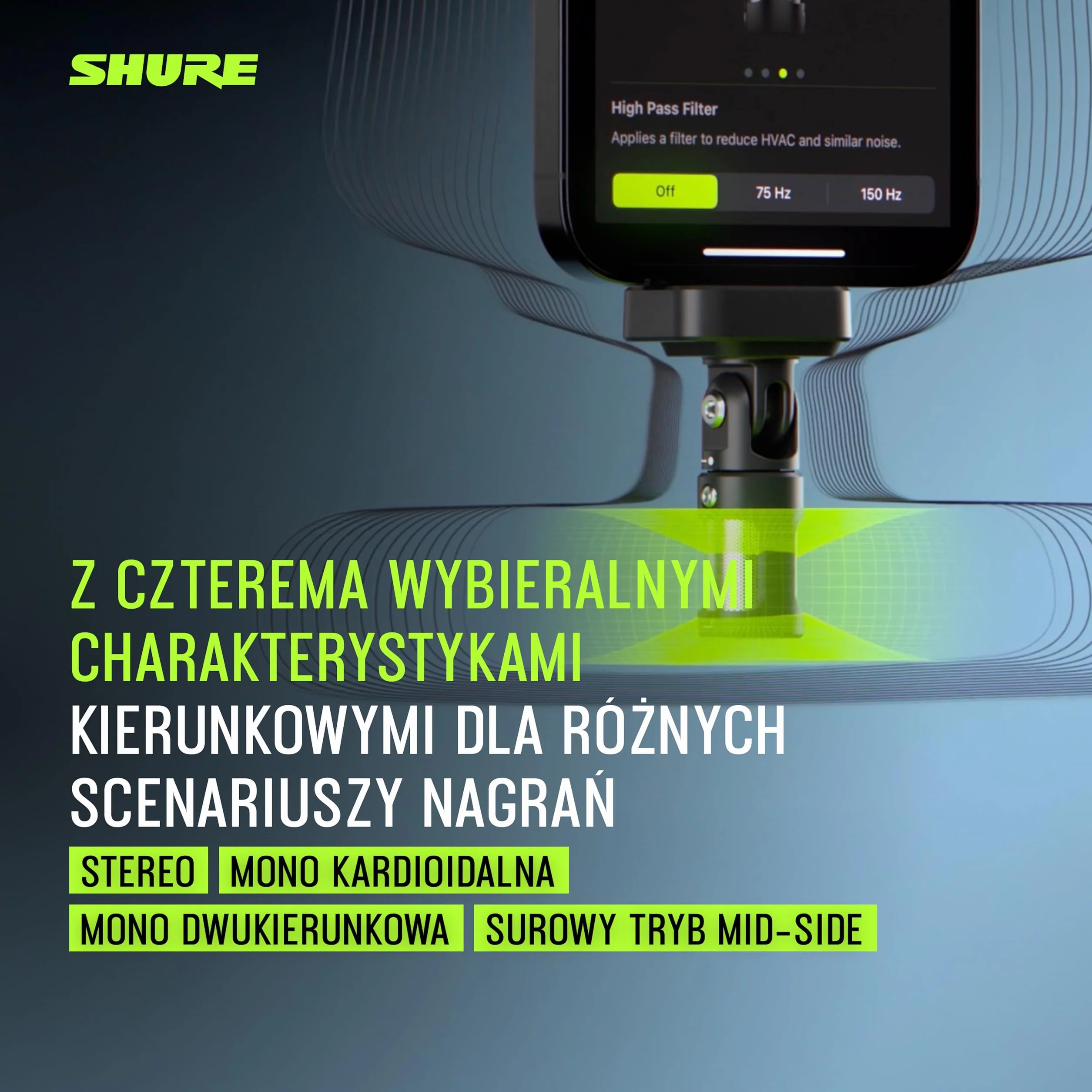 Shure MV88 USB-C Mikrofon, do nagrywania i vlogowania na iPhone i Android, z trybem automatycznego poziomu, odszumianiem w czasie rzeczywistym i czterema wzorami biegunowymi - czarny