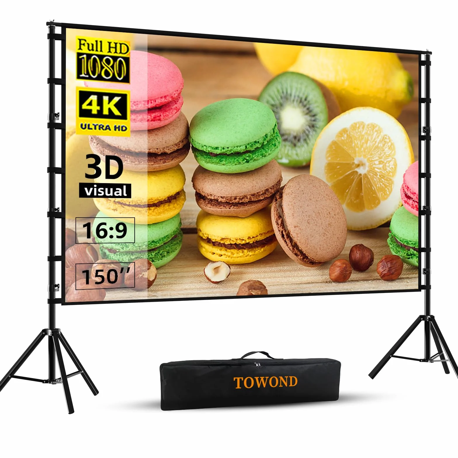 Ekran projektora i stojak, Towond 381.0 cm zewnętrzny ekran projekcyjny, przenośny, 16:9 HD, tylny przedni ekran filmowy z torbą do przenoszenia, bez zagnieceń, pogrubione wsporniki, konstrukcja do