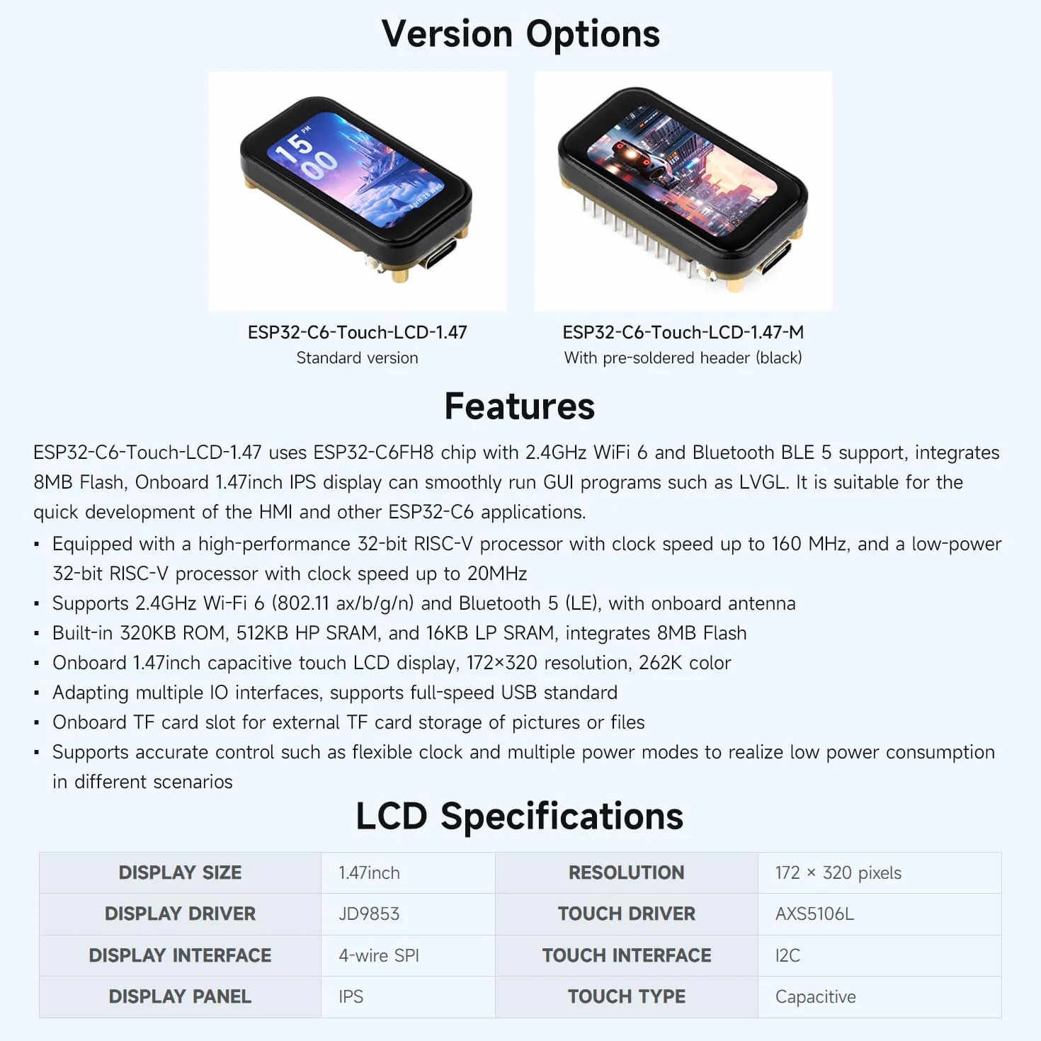 Waveshare ESP32-C6 1.47inch Touch Display Development Board(without pinheader), 172x320 Resolution, 262K Display Color, Supports Wi-Fi 6 / BLE 5, 160MHz RISC-V Processor
