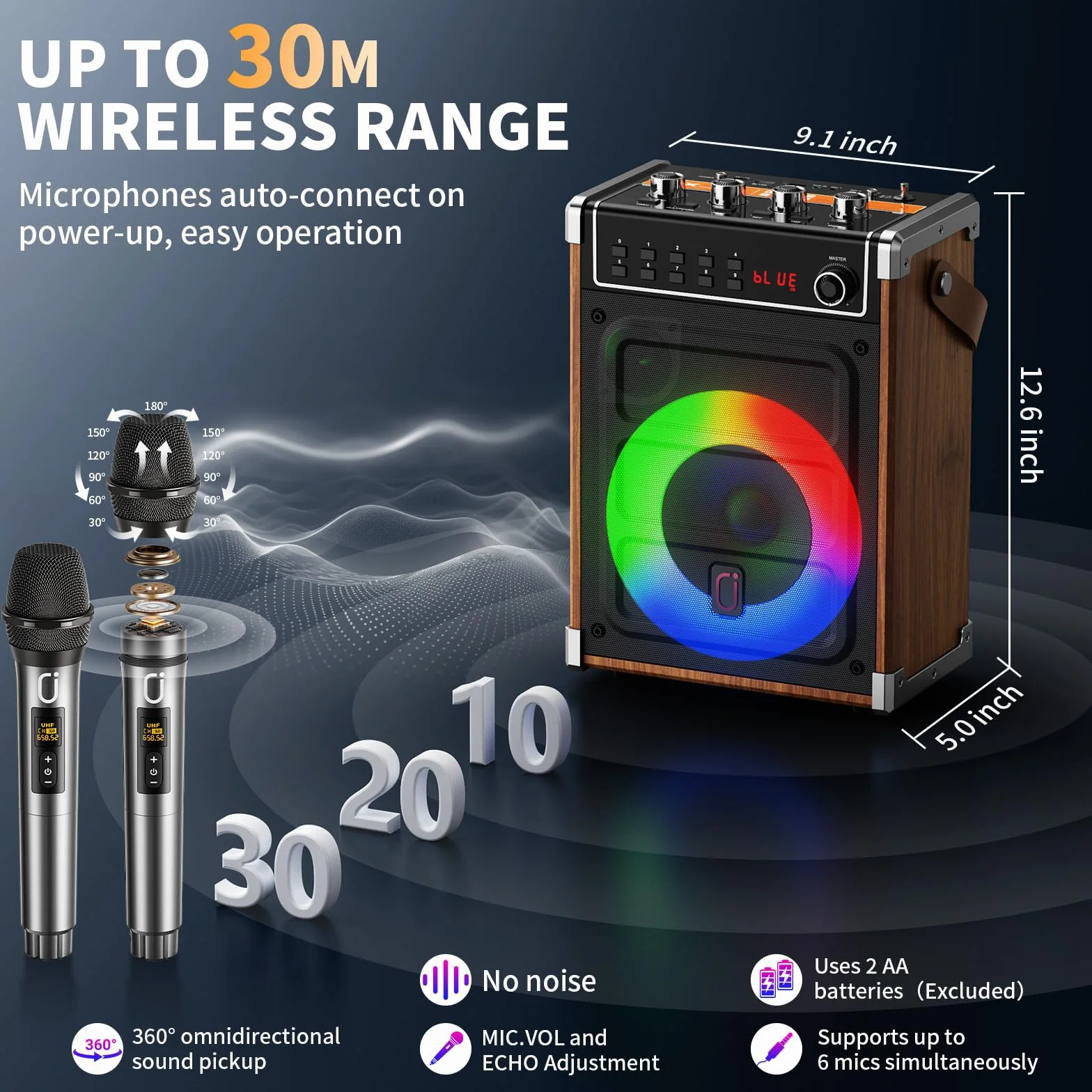 JYX Maszyna do karaoke z 2 mikrofonami bezprzewodowymi UHF, regulacją tonów, oświetleniem LED, TWS, AUX, FM, REC