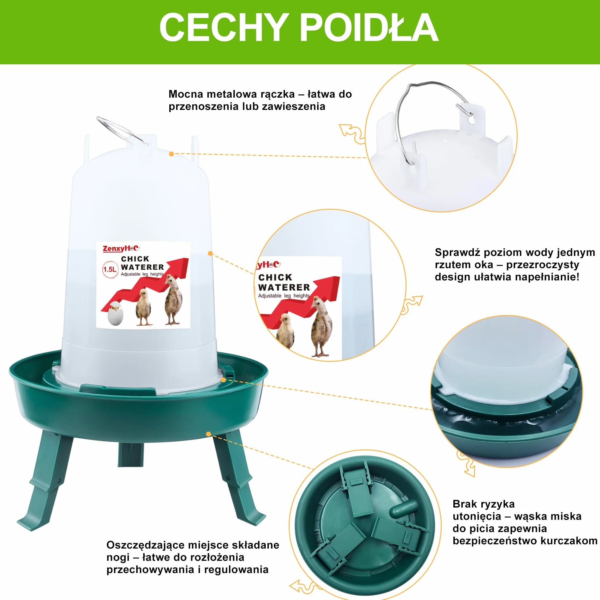 ZenxyHoC Zestaw do poidła dla piskląt, automat do karmy dla kurcząt, 1 kg i poidło 1,5 l z 3 regulowanymi wysokościami (zielony)