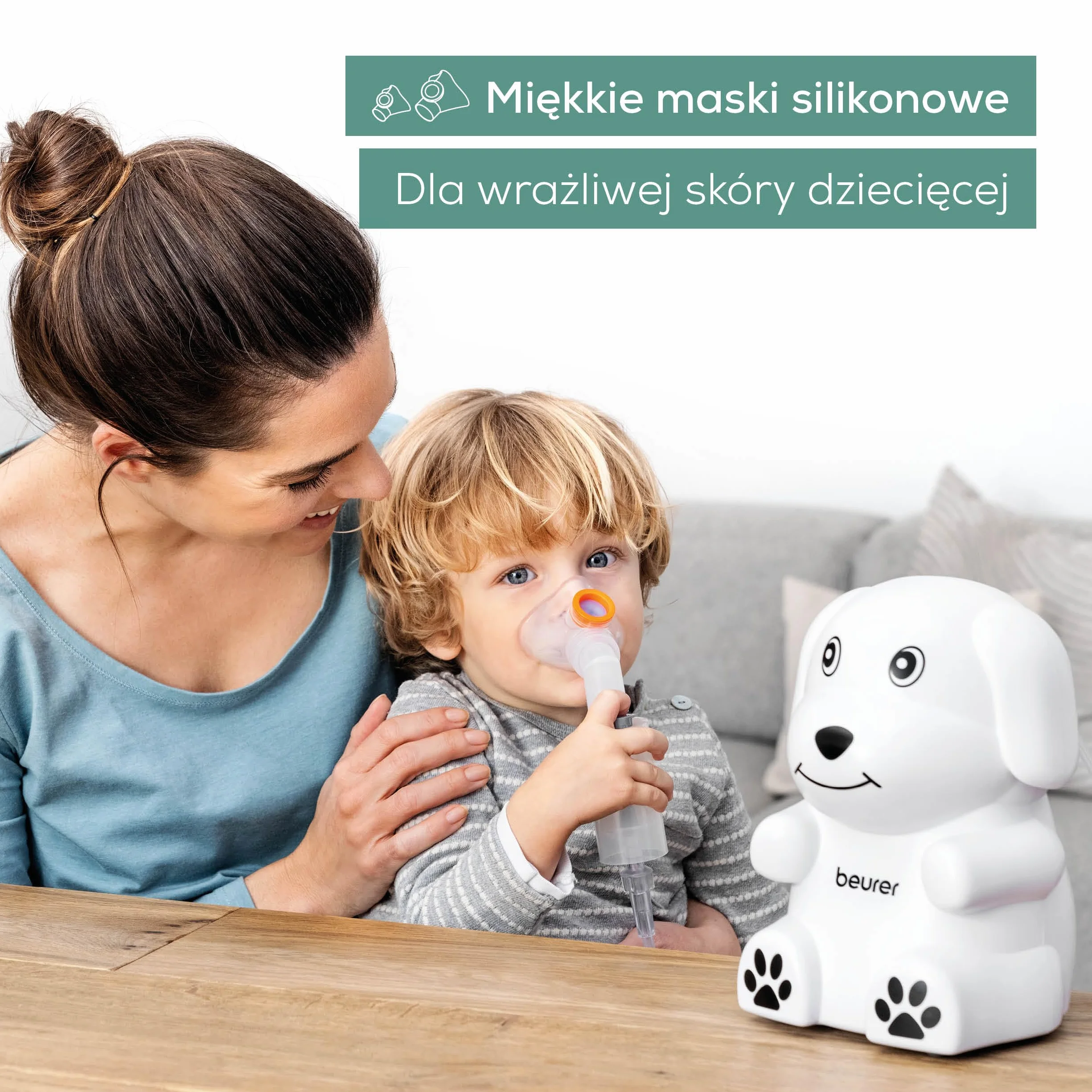 Beurer IH 24 Kids inhalator z przyjazną dla dziecka konstrukcją do nebulizacji płynnych leków, od 6 miesięcy, wysoka wydajność nebulizacji i krótki czas inhalacji, silikonowa maska dla wrażliwej skóry