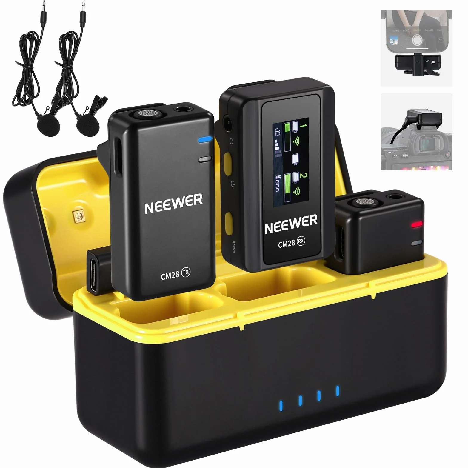 NEEWER CM28 bezprzewodowy system mikrofonowy typu lavalier z etui ładującym, 2 klipsy do mikrofonu, 1-klawiszowa funkcja redukcji szumów, 4GB pamięci, 9 godzin czasu pracy, mikrofon krawatowy