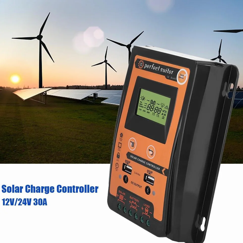 Solar Charge Controller, 12V/24V Solar Charge Controller MPPT 30A50A Solar Battery Panel Controller Podwójny wyświetlacz LCD USB