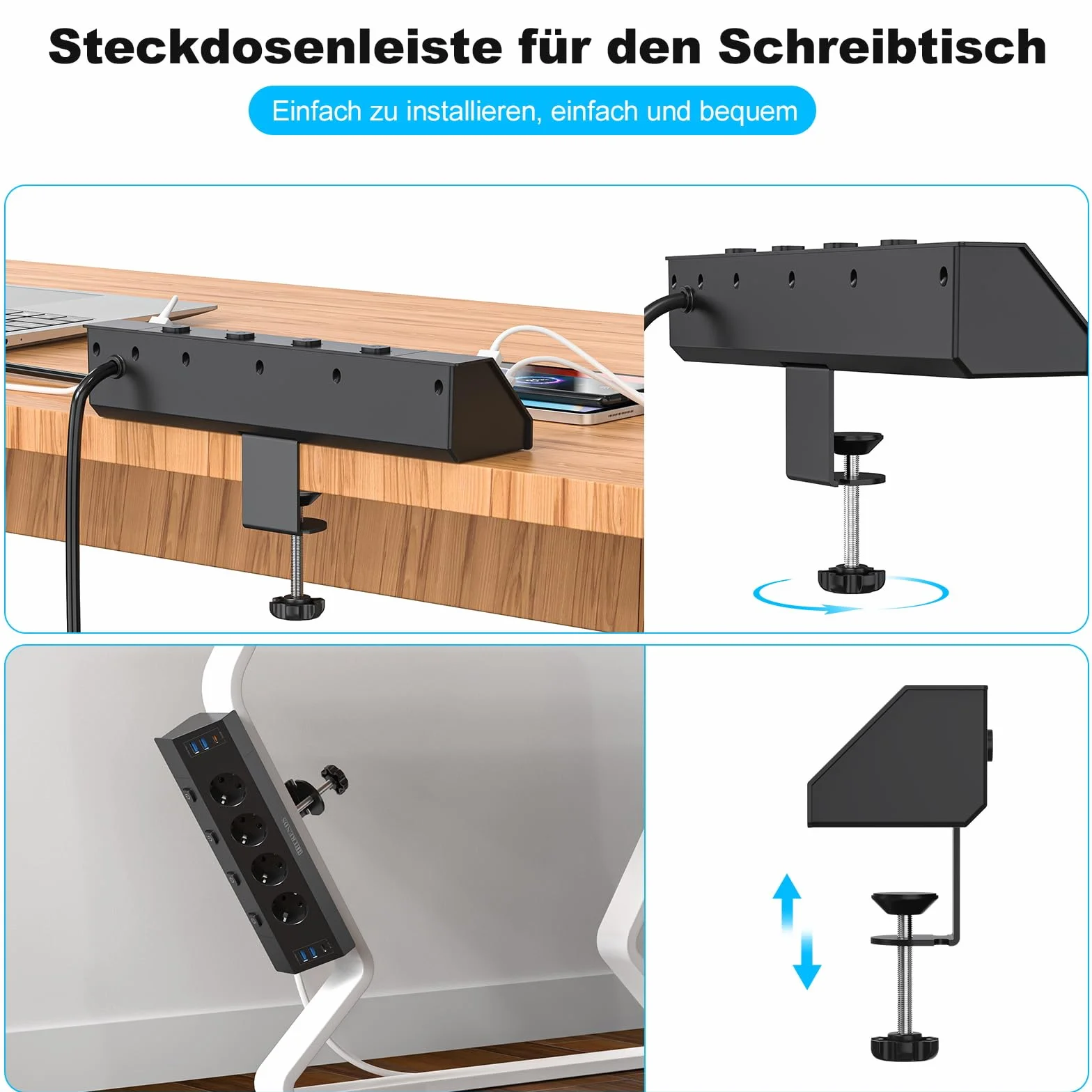 Gniazdko biurkowe z USB C PD 20W, listwa zasilająca z 4 pojedynczymi przełącznikami, 4-krotne gniazdko narożne z 6 USB, płaska wtyczka wielogniazdko montaż ścienny z kablem 2M, czarne