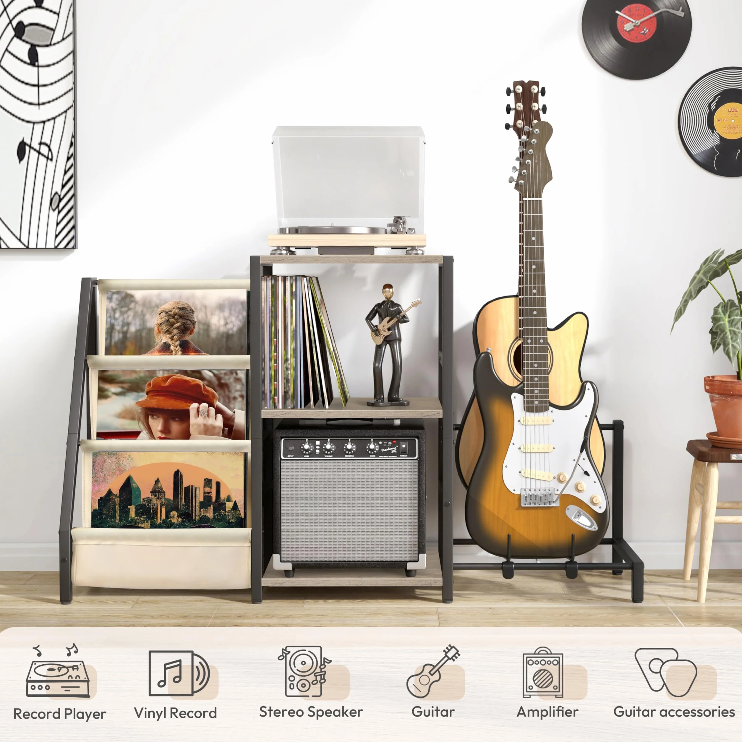 Stojak na Gramofon z 3 Poziomami Przechowywania Winyli i Stojakiem na Gitarę, Biały