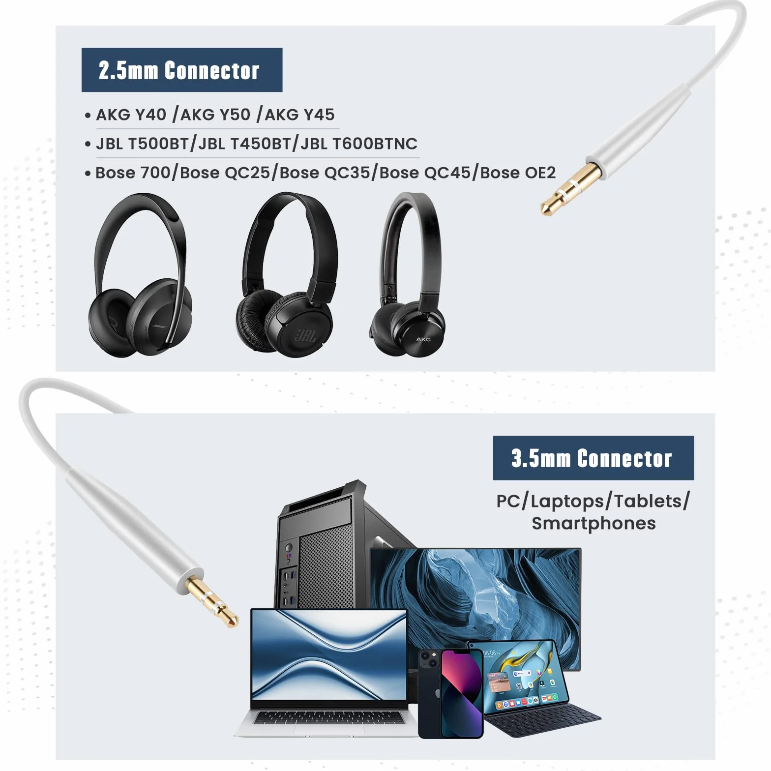 kabel przedłużający słuchawki kompatybilny z Bose QC45 QC35 QC25 700 OE2 JBL T500BT T450BT AKG Y40 Y50 Y45 słuchawki, 2,5mm do 3,5mm wymienny audio, biały