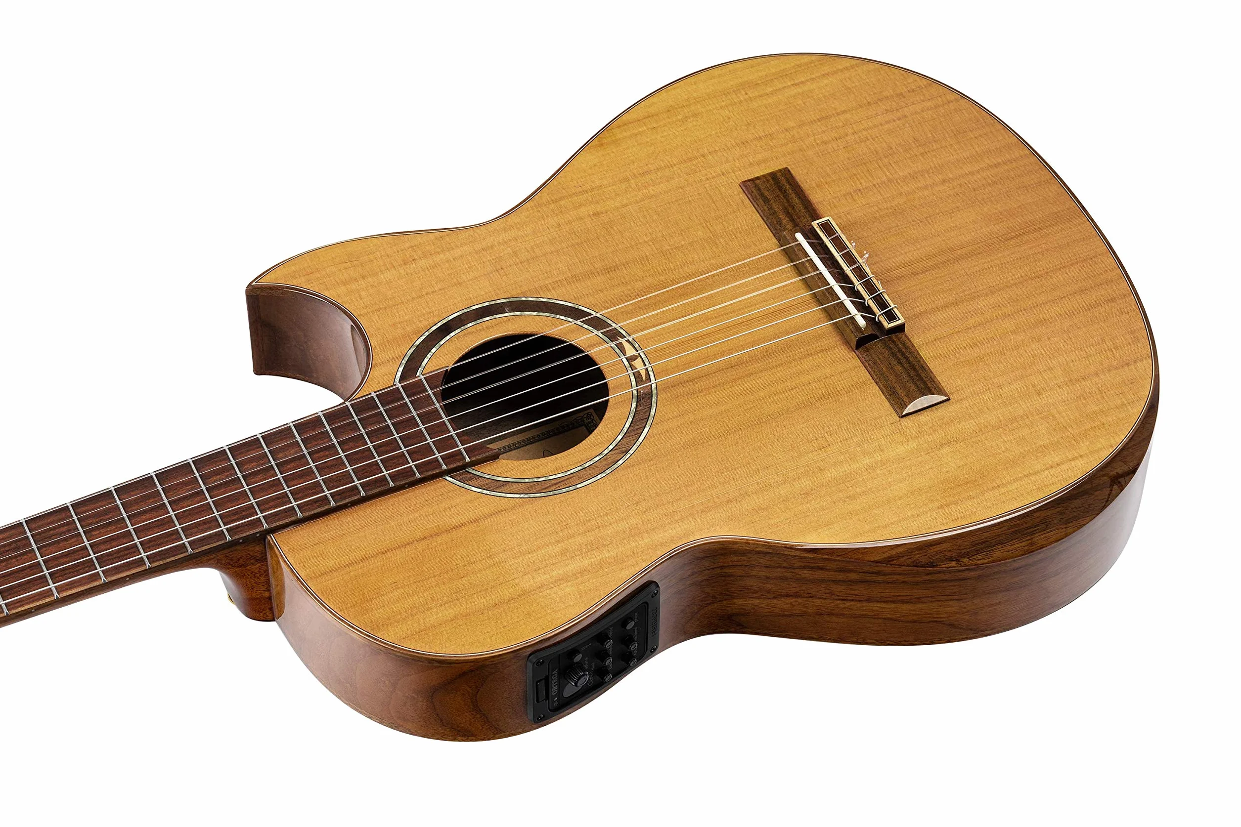 Ortega Guitars Classical Electro-Acoustic Guitar – Wąski Gryf, Korpus Thinline – Seria Signature – Lity Cedr/Orzech, Wykończenie Naturalne