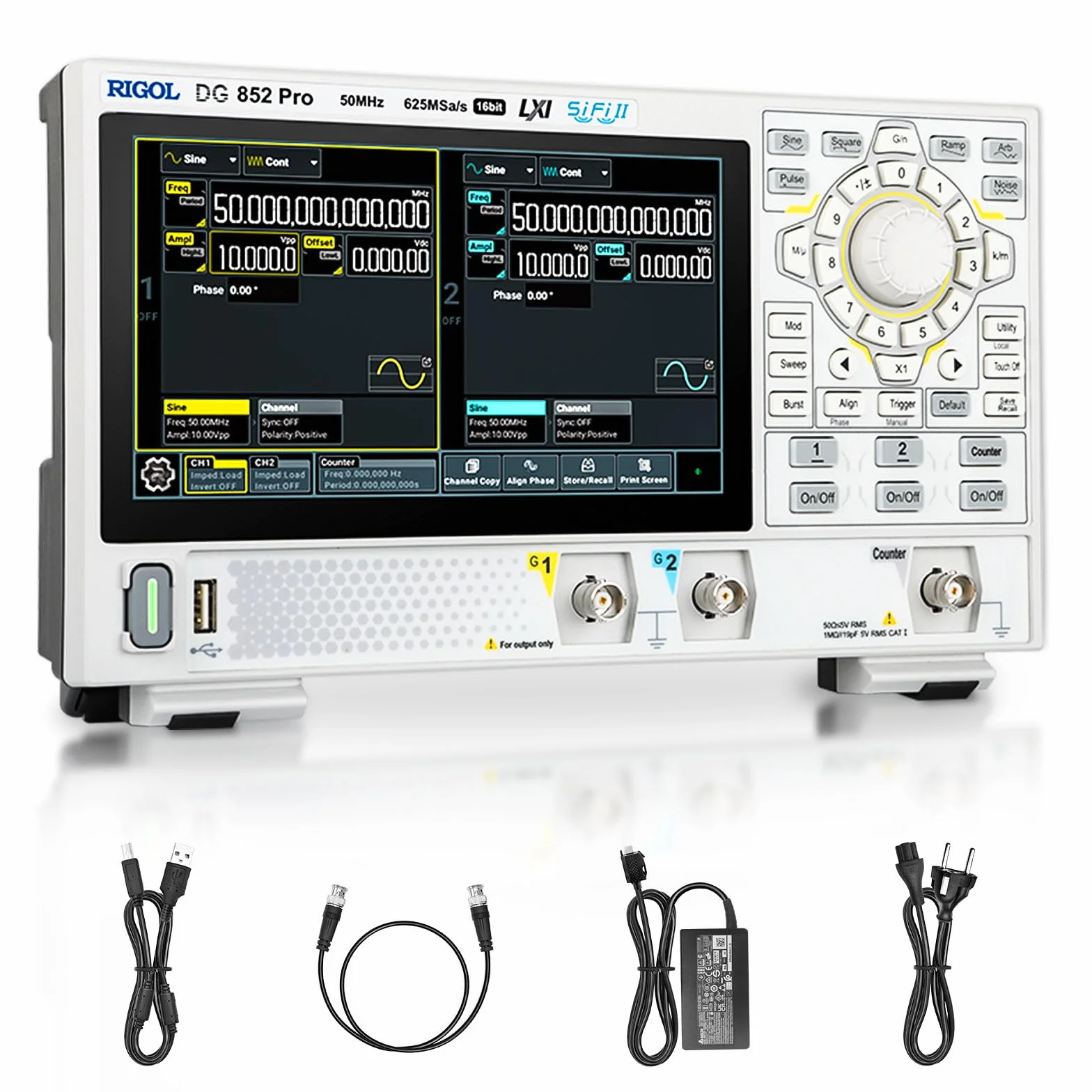 RIGOL DG852 Pro Generator Funkcji/Fal Arbitrarnych, Przenośny, 50 MHz, 625 Msa/s, 16 bitów, 2 Kanały Wyjściowe, Obsługuje Zasilanie z Power Banku