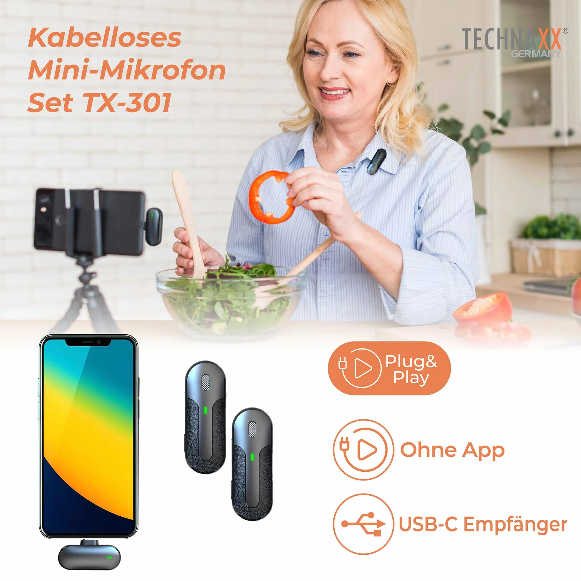 Technaxx Podwójny bezprzewodowy mini mikrofon TX-301 – 2 bezprzewodowe mikrofony krawatowe z inteligentną redukcją szumów, odbiornik USB-C, etui ładujące, klips - idealny do podcastów i nagrywania