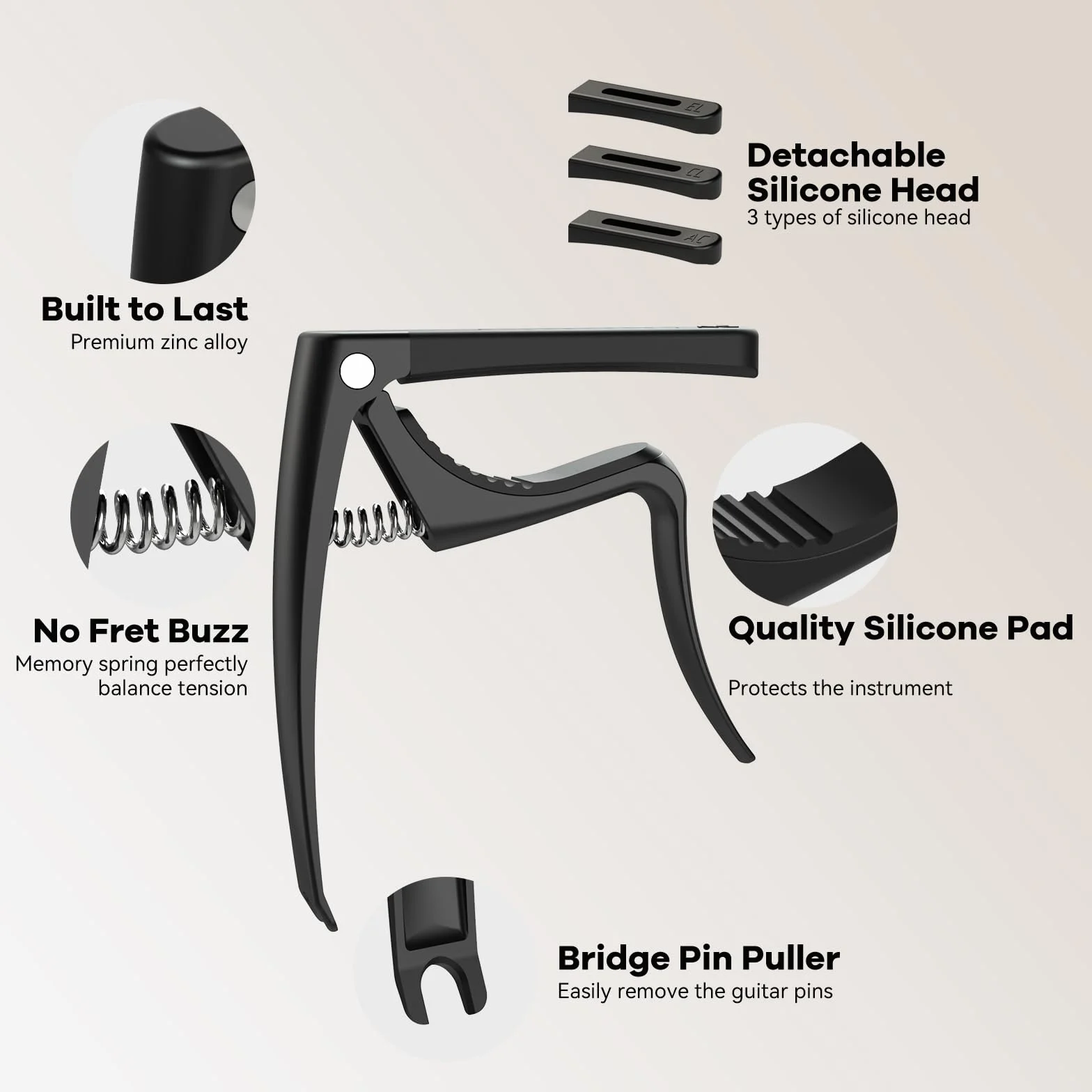 C3 Guitar Capo, 4 w 1 Gitara Kapodaster z Ściągacz do Mostka, Capo do Gitary Akustycznej Elektrycznej Klasyczna Basowej Ukulele Banjo, 3 Głowice Silikonowe, Akcesoria Gitarowe, Czarny