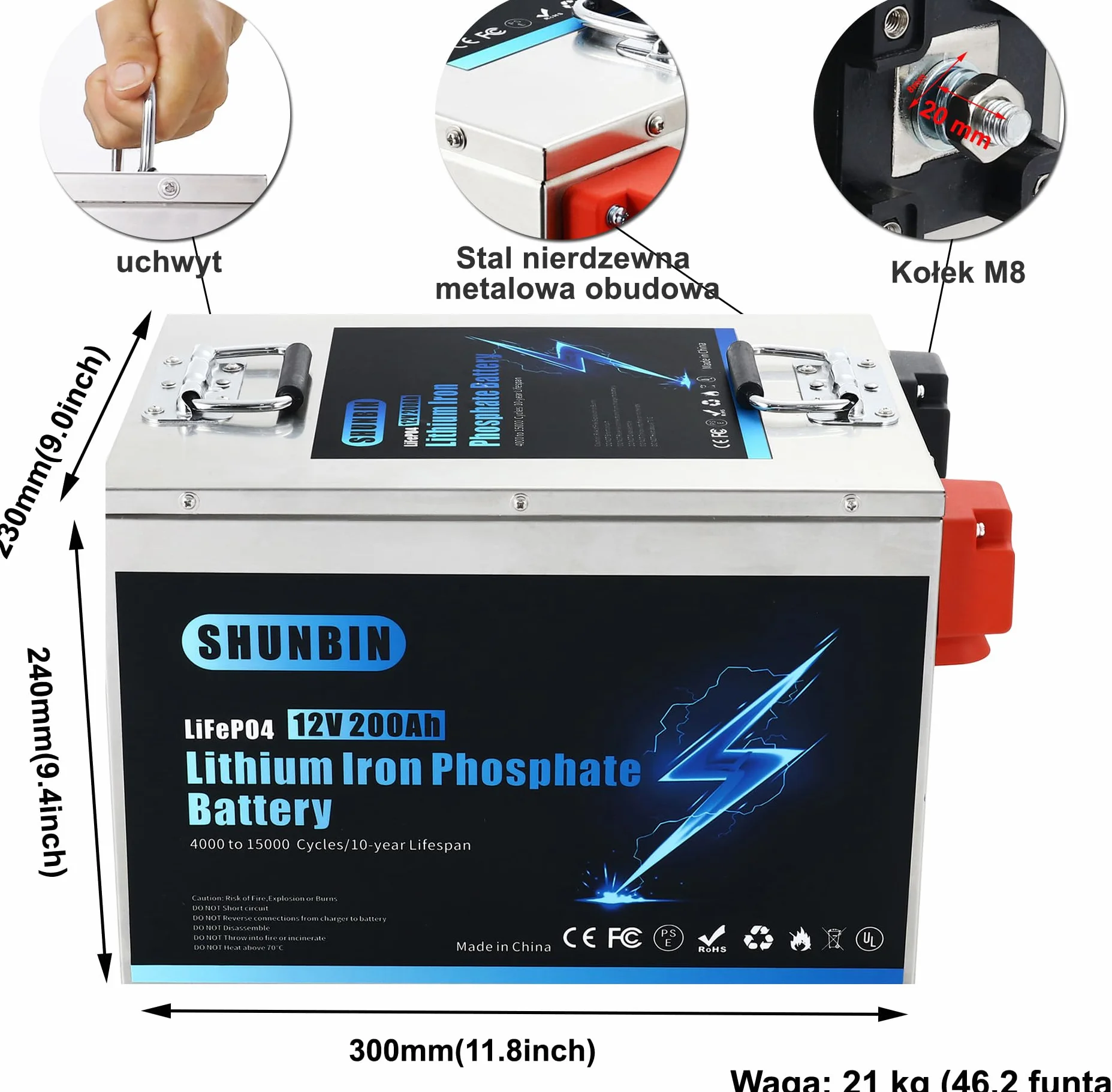 Lifepo4 bateria litowa 12V 200Ah 2560Wh Powłoka ze stali nierdzewnej z ładowarką Coulomb metr Maksymalne cykle głębokie 20000 Bateria fosforanu litowego słoneczny/kamper/łódź/wózki golfowe