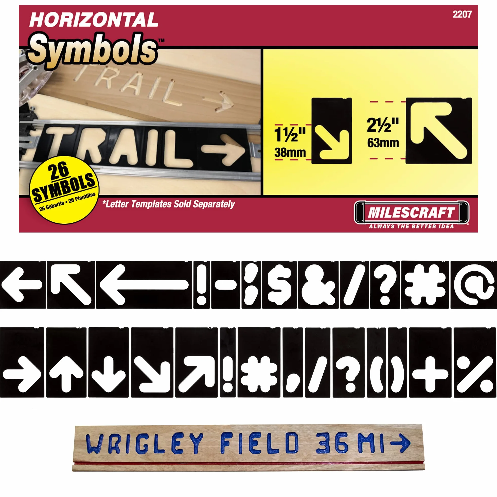 Milescraft 2207 3,8 cm i 6,3 cm. Szablony strzałek i symboli do znaku PRO & Sign Crafter Jig– Rout niestandardowe drewniane znaki z dodatkowymi symbolami - 26 szt.