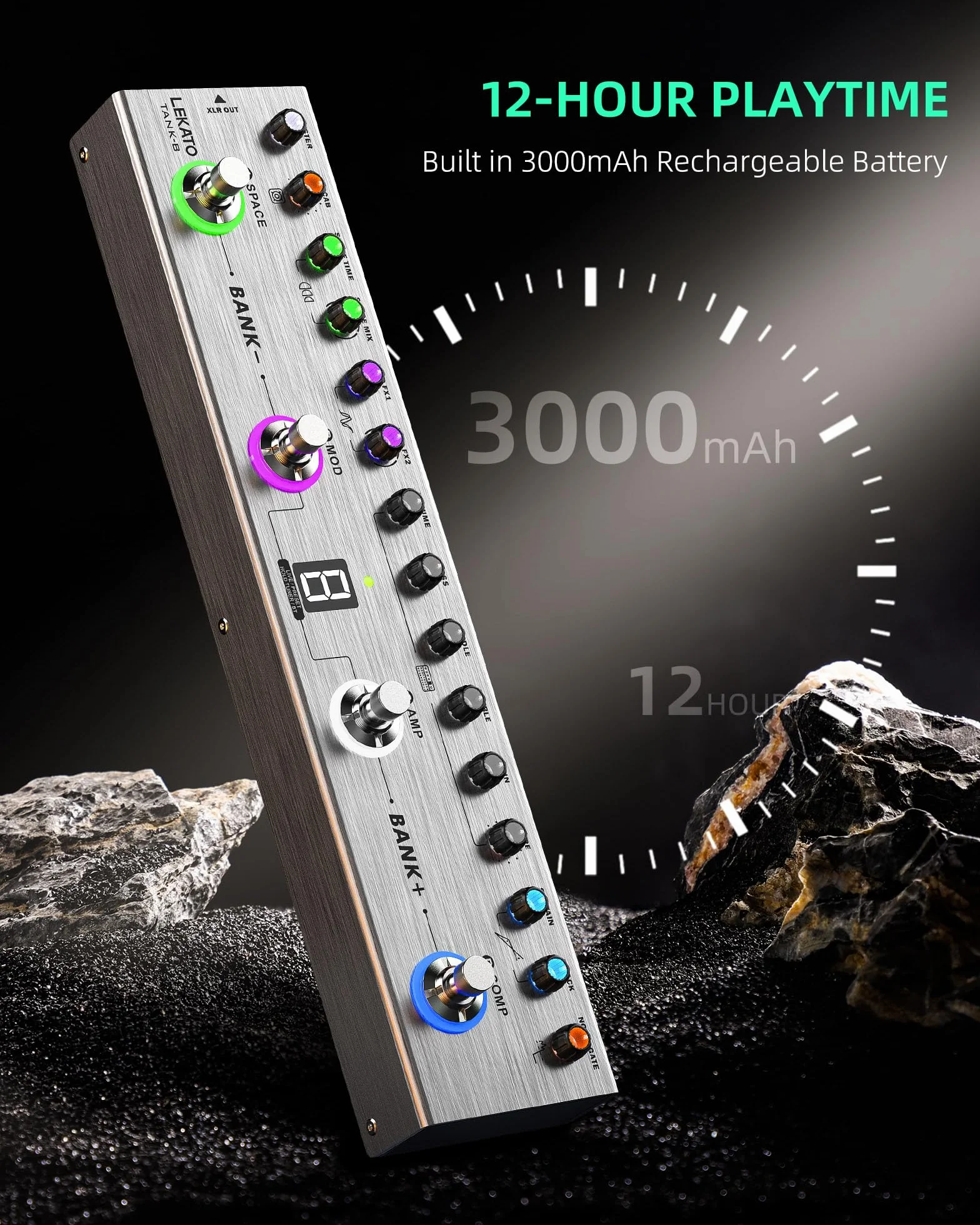Bass Multi Effects, LEKATO Bass Effect z 36 edytowalnymi ustawieniami, kompresorem, przestrzenią, MOD, reverb, funkcją ładowania na podczerwień, nagrywanie, tuner, wbudowana bateria, połączenie