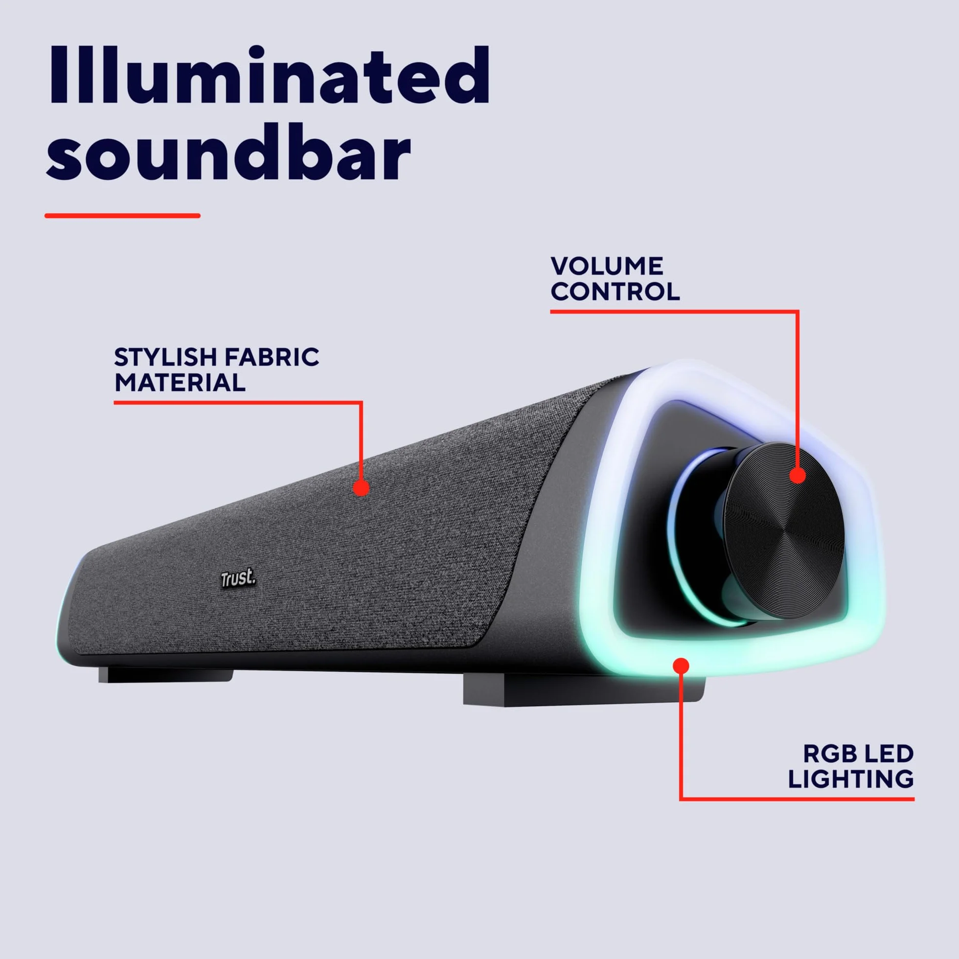 Trust Liro Soundbar do Komputera i Laptopa, Kompaktowy Głośnik Stereo LED RGB Zasilany przez USB, Moc Szczytowa 12W, Połączenie Audio Jack 3,5 mm, Podświetlane Głośniki PC, Czarny