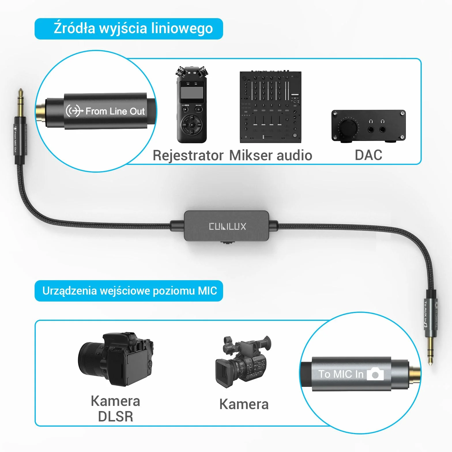 Kabel tłumiący Cubilux 3,5 mm Line Level do Microphone Level, przewód tłumiący 1/8 cala TRS Line Out do MIC In dla aparatu DSLR, kamery, rejestratora, 30 cm