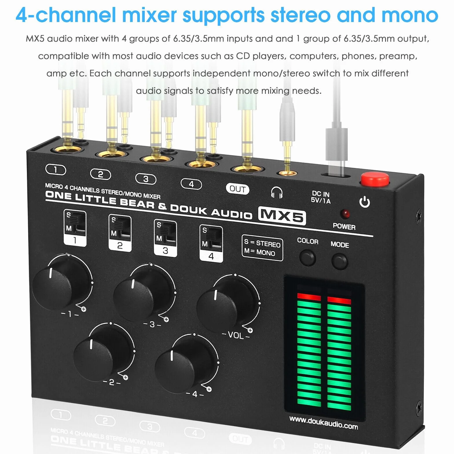Douk Audio MX5 Mono/Stereo 4-kanałowy mikser audio, ultra cichy mikser liniowy, miernik poziomu LED