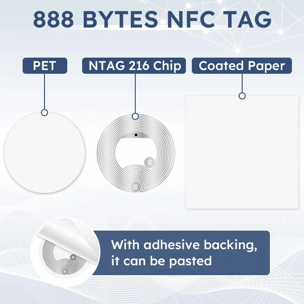 AXFEE 60 szt. znaczników NFC NTAG216, białe okrągłe naklejki NFC, średnica 25 mm, programowalne znaczniki NFC, pamięć RFID 888 bajtów, kompatybilna ze wszystkimi telefonami i urządzeniami