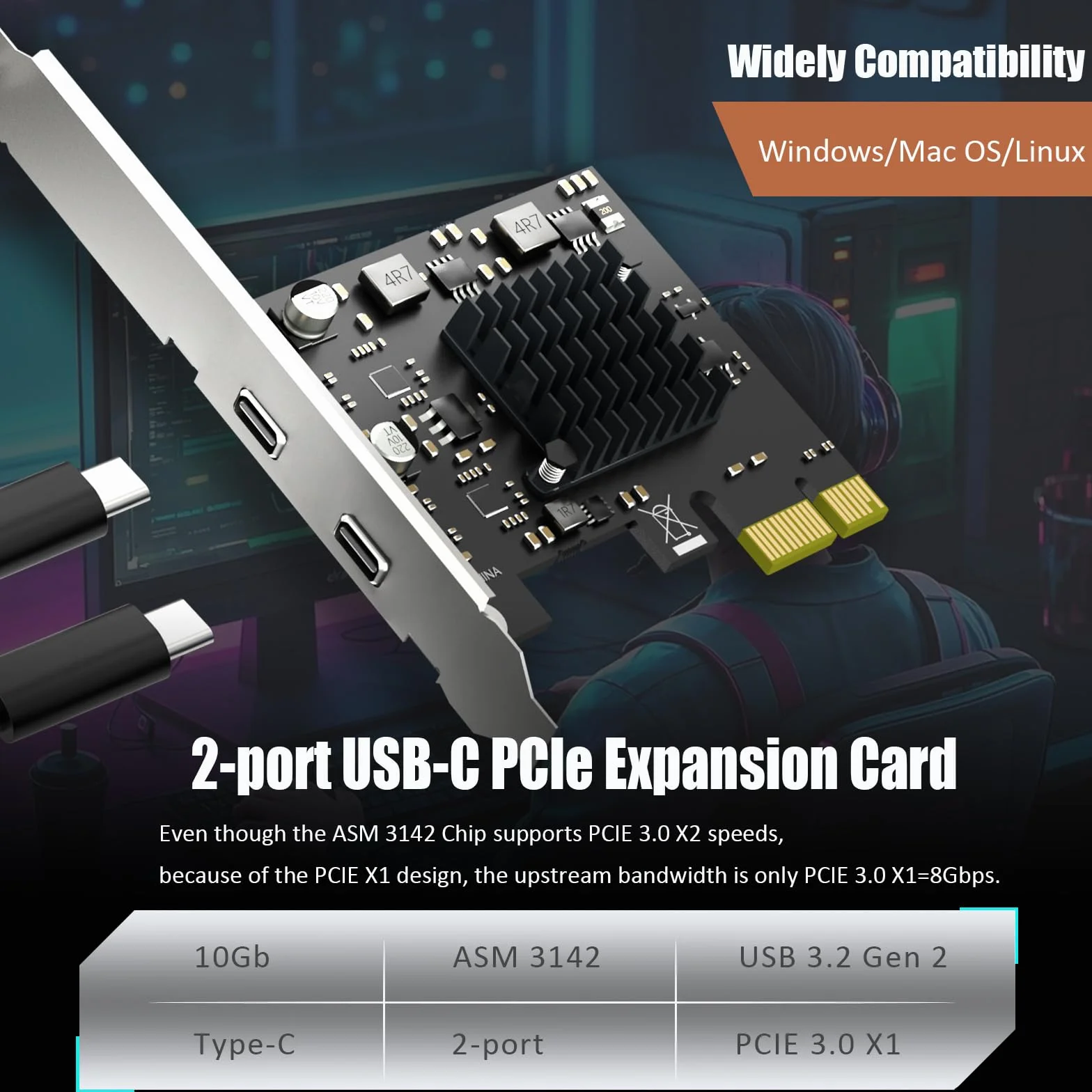GLOTRENDS U3142X1 2 porty karta rozszerzeń USB PCIe 10Gb, 2 porty USB-C (USB 3.2 Gen 2), interfejs PCIe X1, kompatybilna z systemami Windows/Linux/macOS