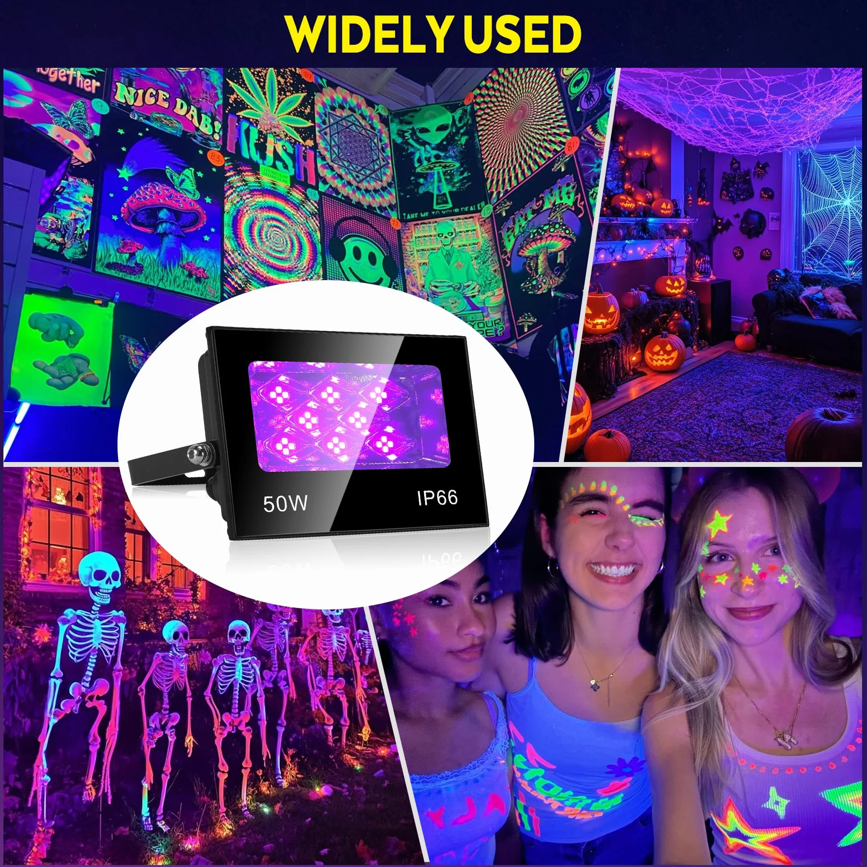VAYALT Reflektor LED 50 W, czarne światło, reflektor LED UV na imprezę, 395-405 nm, IP66, wodoszczelna lampa z wtyczką, światło UV na dyskotekę, imprezę z okazji imprez, dekoracji Halloween