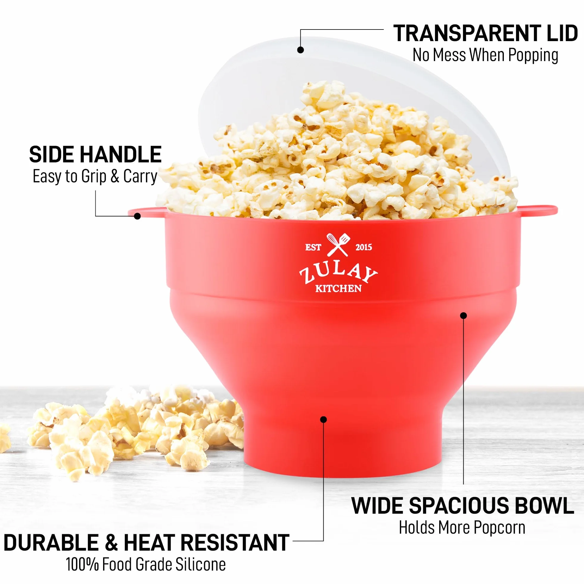 Zulay Kitchen Duża kuchenka mikrofalowa do popcornu, silikonowa miska do popcornu, składana miska do kuchenki mikrofalowej z pokrywką, rozmiar rodzinny, miska na popcorn, pojemność 15 kubków na
