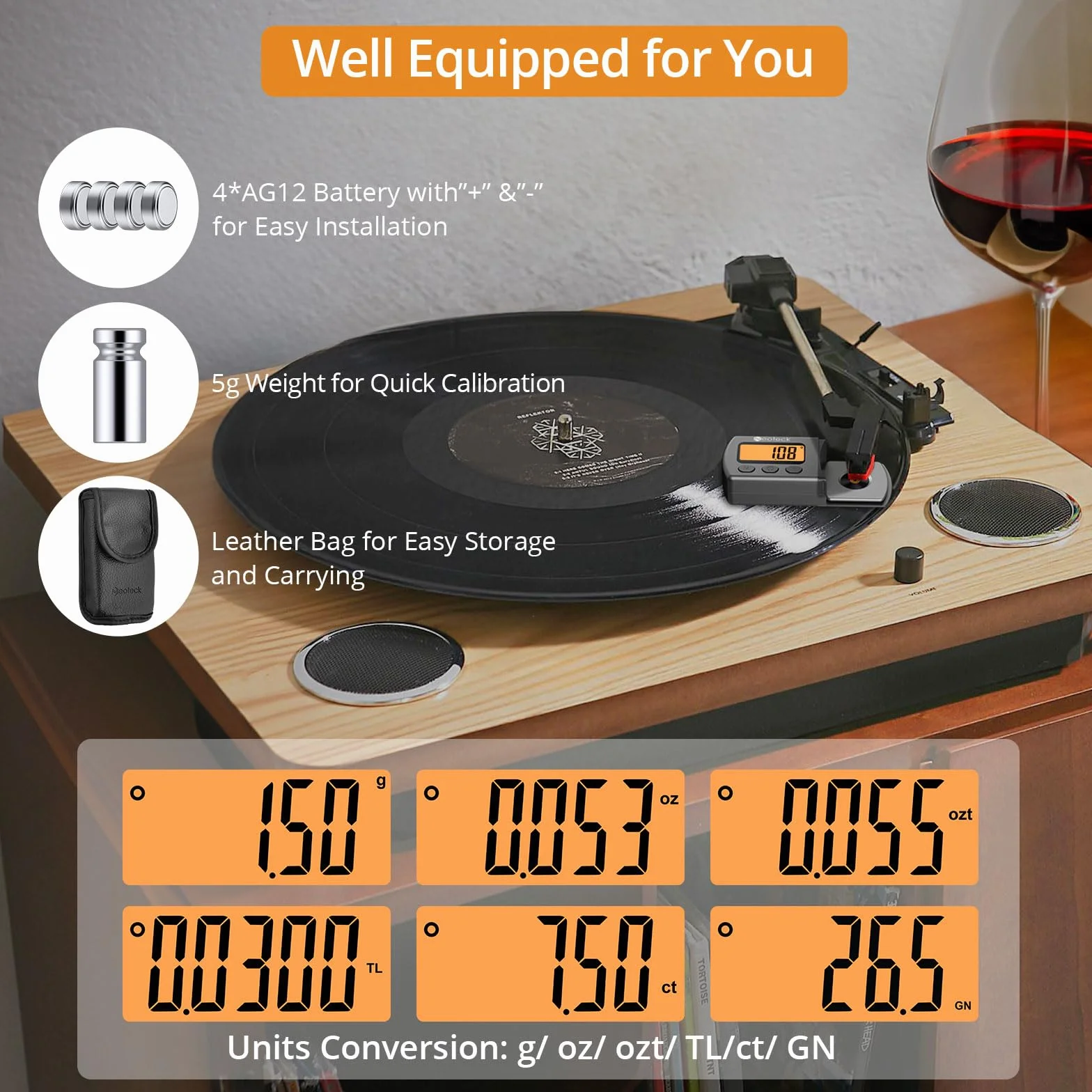Neoteck Cyfrowy gramofon Stylus Force Scale Gauge 0,01 g/5,00 g z pomarańczowym podświetleniem LCD i kalibracją 5 g, manometr rysika do wkładu gramofonowego - srebrny