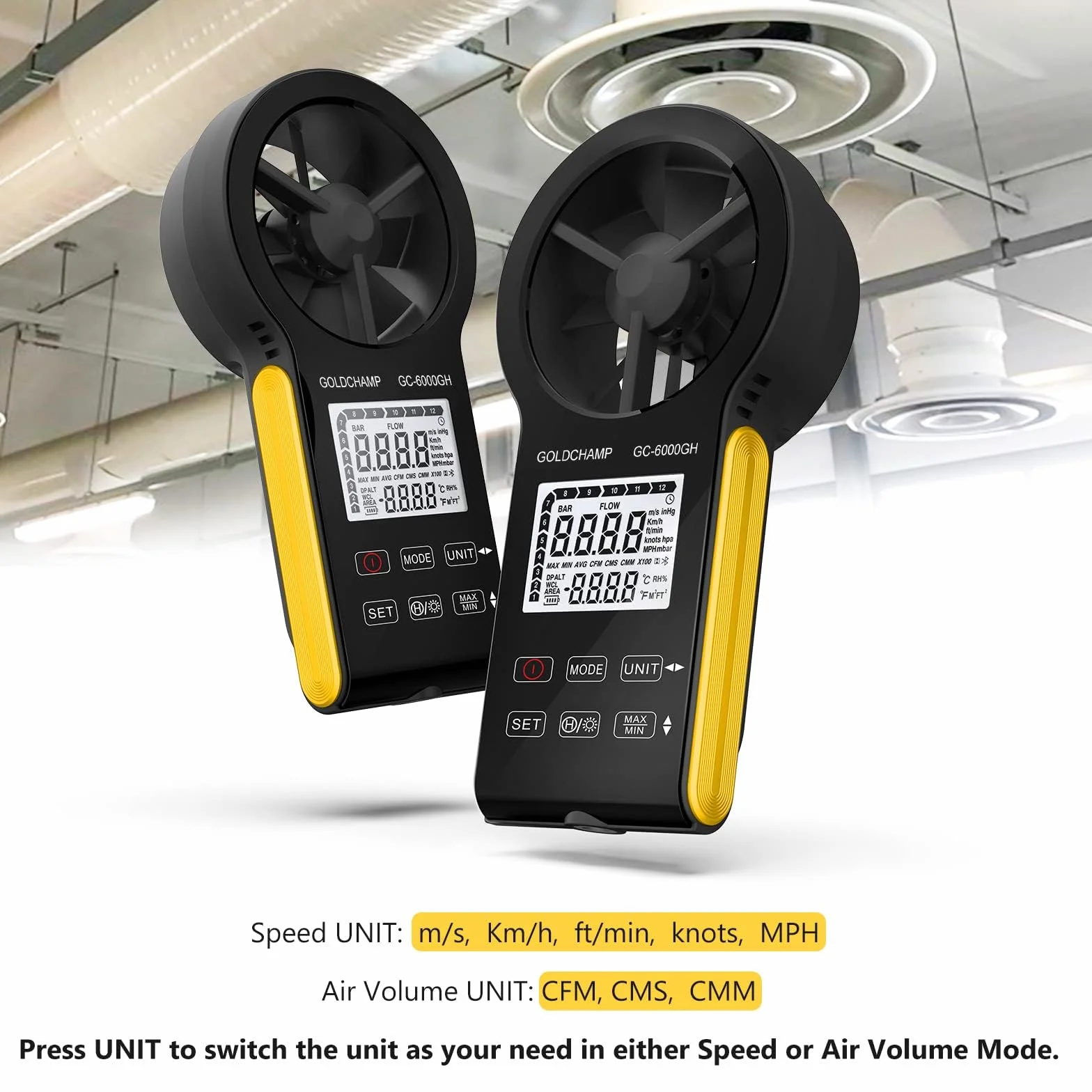 Anemometr cyfrowy, CFM Załadowywalny i wodoodporny anemometr Mierzy prędkość wiatru (0,3~30 m/s), objętość powietrza (0-999900 ft3/min) Ekran dotykowy, podświetlany wyświetlacz dla HVAC, strzelanie