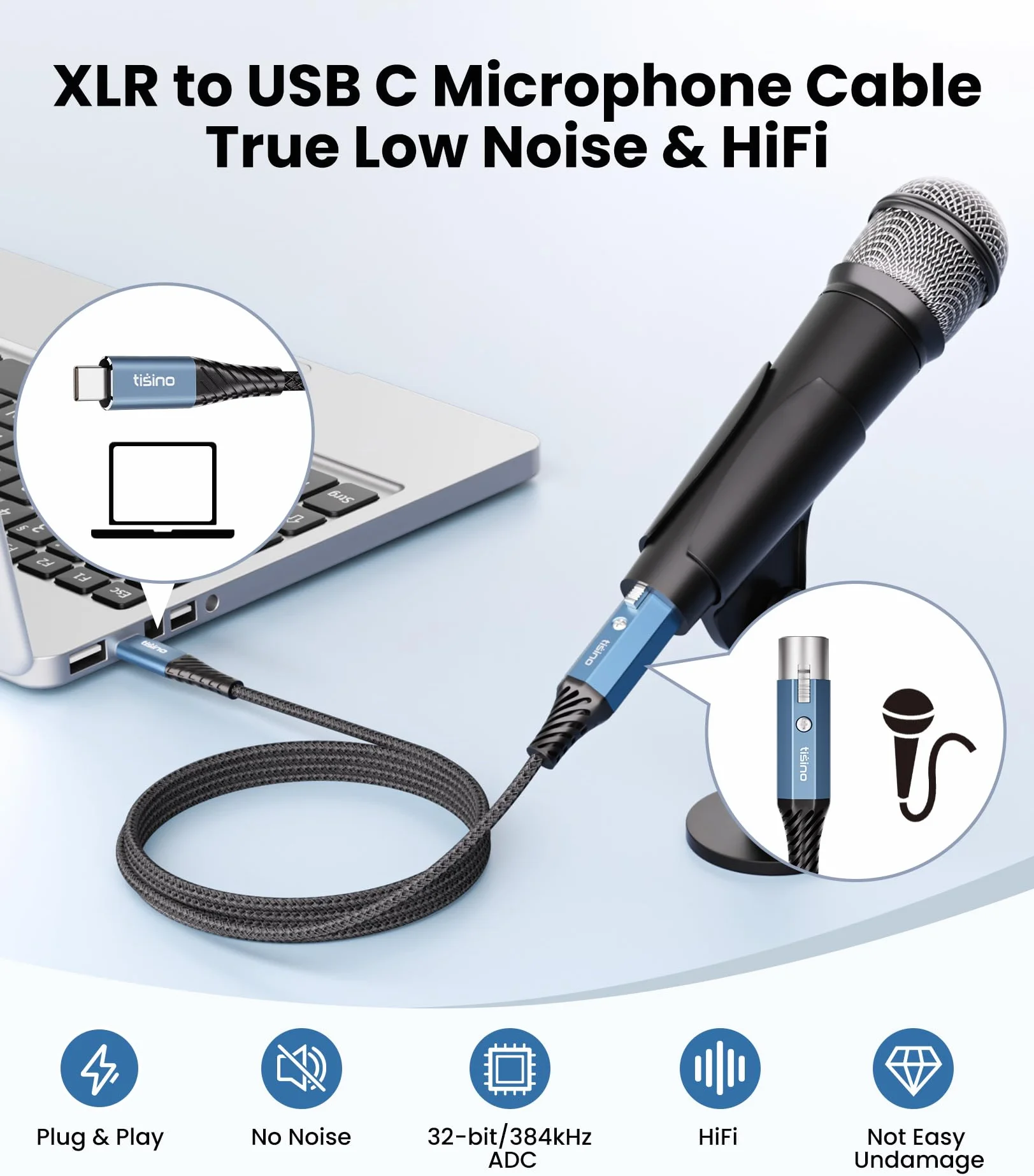 Tisino Kabel mikrofonowy XLR żeński do USB C, 3-pinowy kabel XLR do USB Type C do nagrywania, przewód audio HiFi 32 bit/384 kHz do mikrofonów dynamicznych, laptopa, tabletu, telefonu, iPhone 15/16-2m