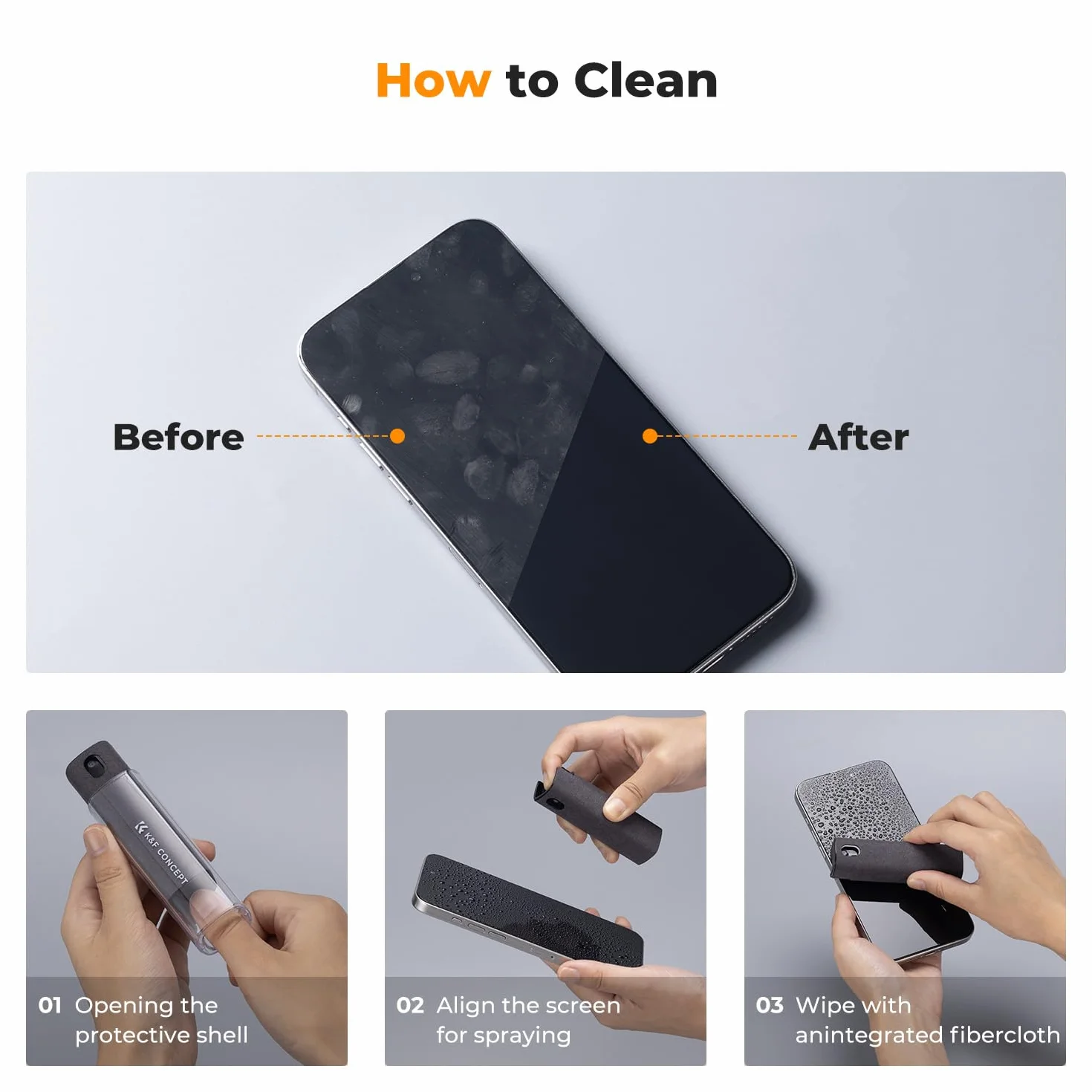 K&F Concept 2-częściowy zestaw do czyszczenia ekranu, do telewizora, laptopa, komputera, telefonu komórkowego, tabletu i czyszczenia wyświetlacza samochodowego, spray dwa w jednym i ściereczka z