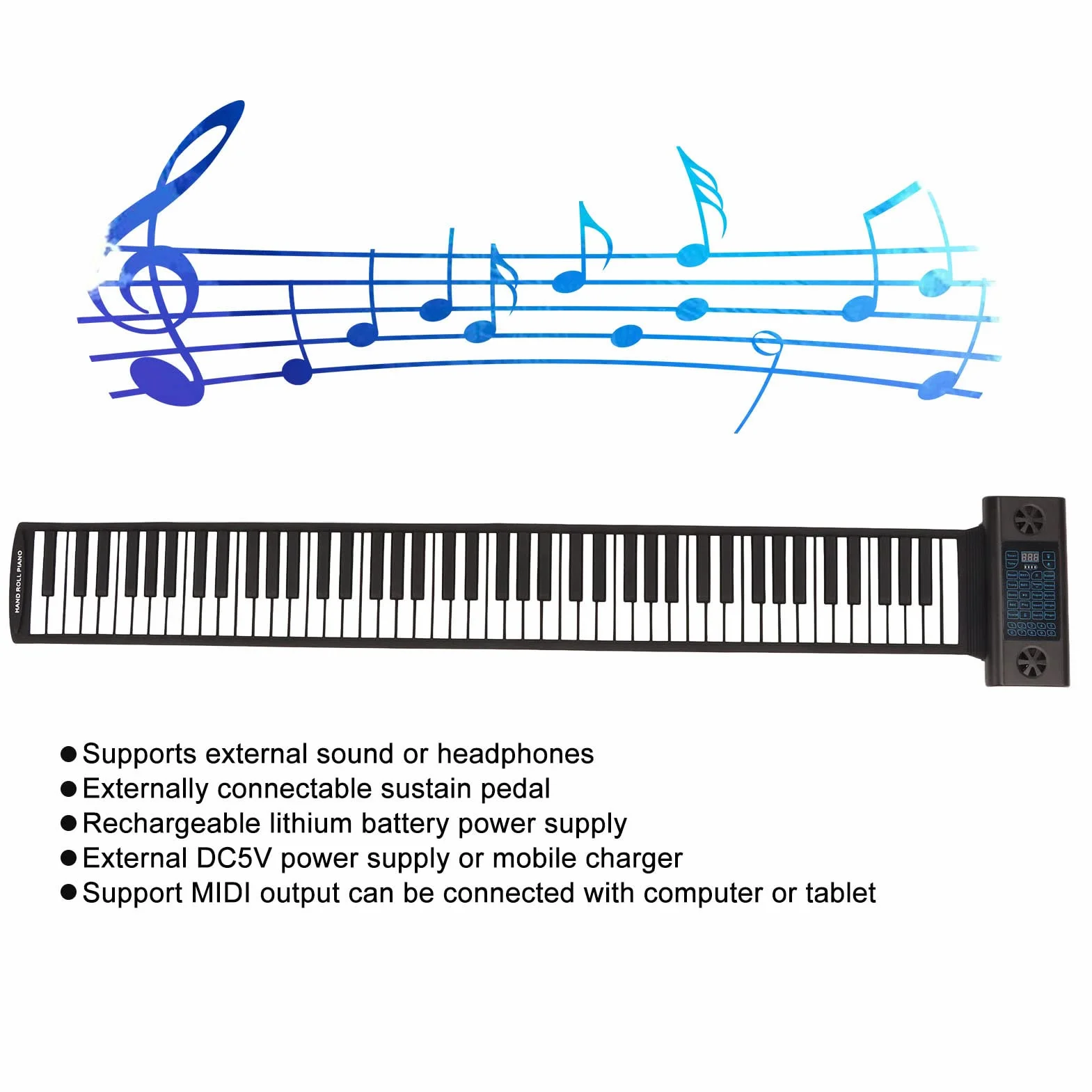 88 Klawiszy Zwijana Klawiatura Fortepianowa, 28 Tonów 128 Rytmów 14 Utworów Demonstracyjnych, Cyfrowy Wyświetlacz LED z Funkcją MIDI Bluetooth, Składany Przenośny Pianino Elektryczne(Czarny)