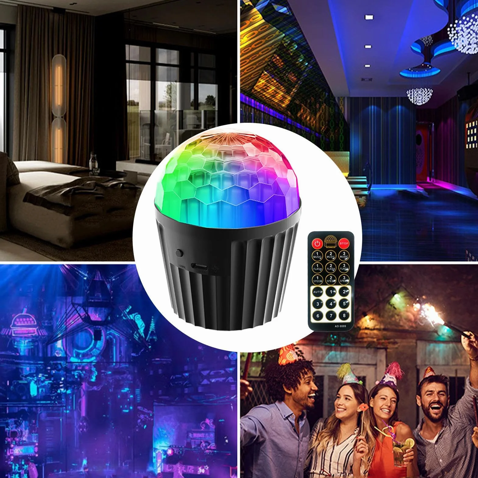 Remote Control Party Lights, Crystal Magic Ball Disco Lamp, Color-Changing Ambient Light, 2.24x3.94 inches Sound-Activated LED Lighting Device for Home Room Parties, Club Events