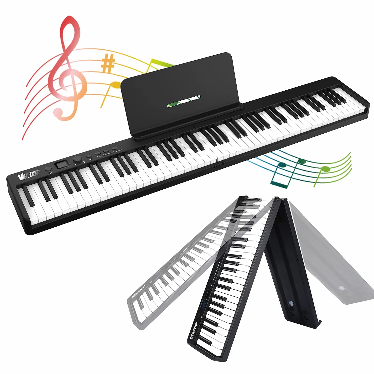 Veetop Składane pianino klawiatury, z 88 klawiszami, przenośne, pełnowymiarowe pianino elektroniczne z Bluetooth, MIDI, akumulator do wielokrotnego ładowania, składane pianino cyfrowe Geat dla początkujących, dzieci, dorosłych