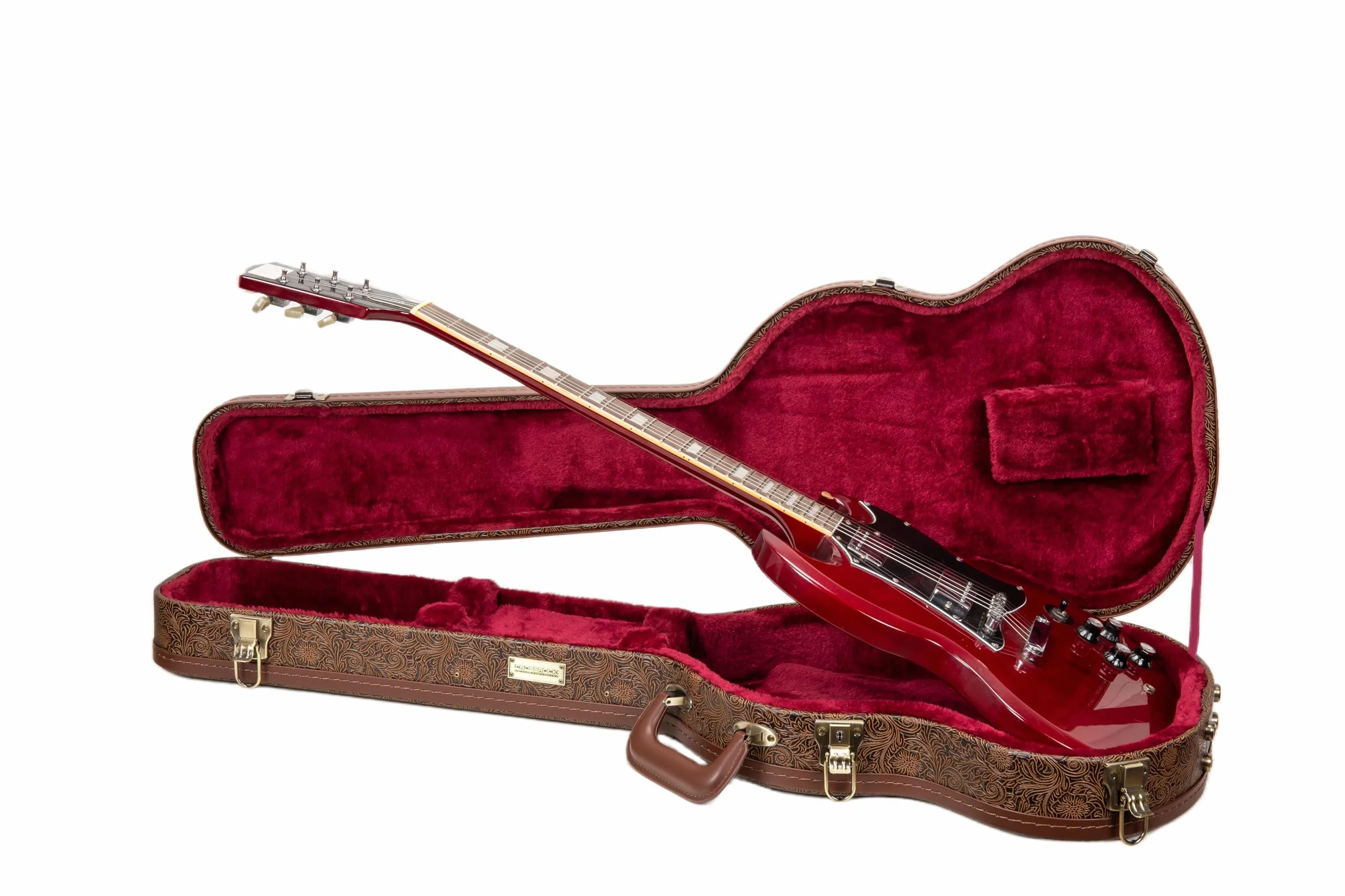 Crossrock drewniany futerał do gitary elektrycznej Gibson SG – Blossom Brown (ekoskóra), bordowa welurowa wyściółka, zamek – Designer Series CRW530SGBQ