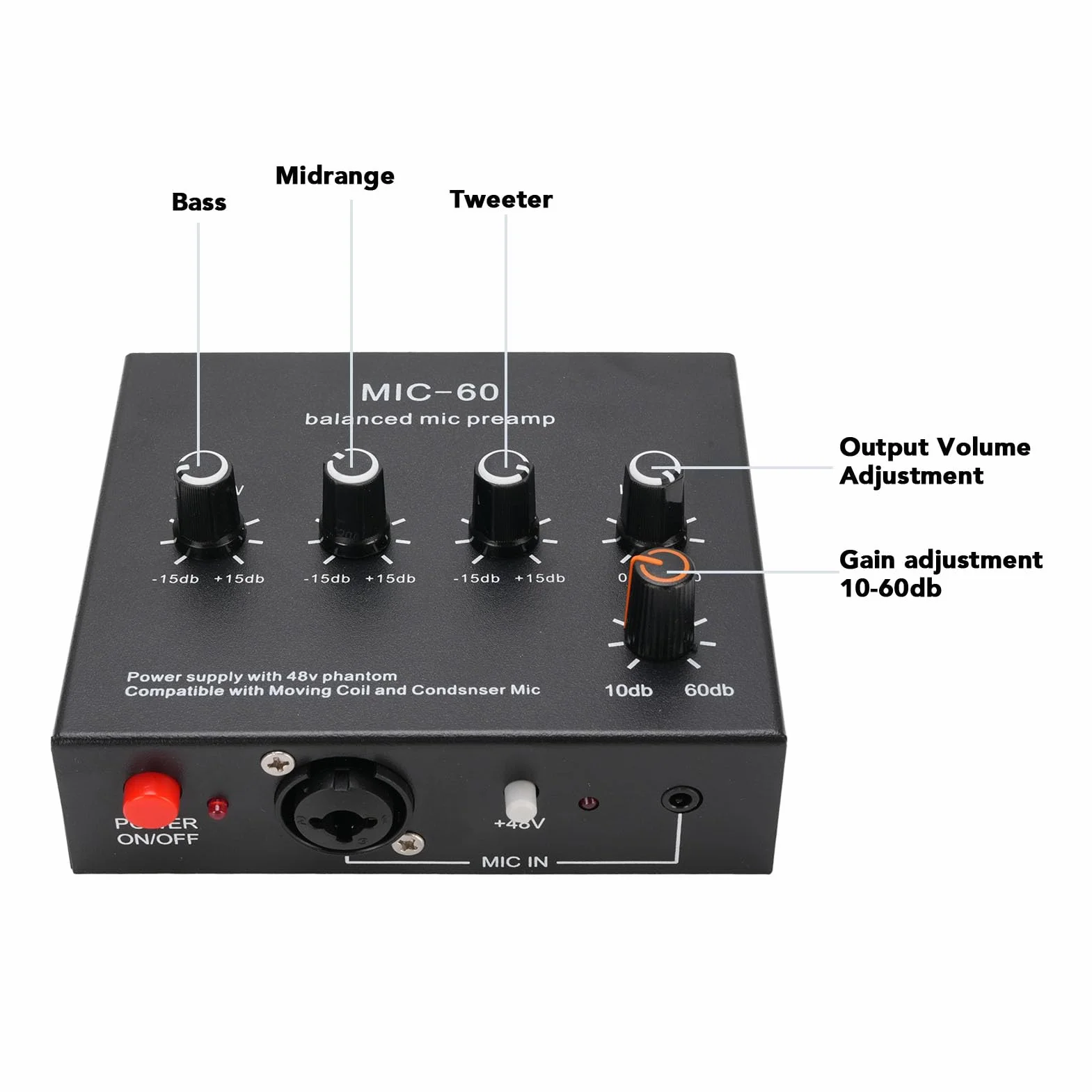 Przedwzmacniacz mikrofonowy 48 V XLR 3,5 mm 6,35 mm do mikrofonów dynamicznych i kondensatorowych z kablem XLR