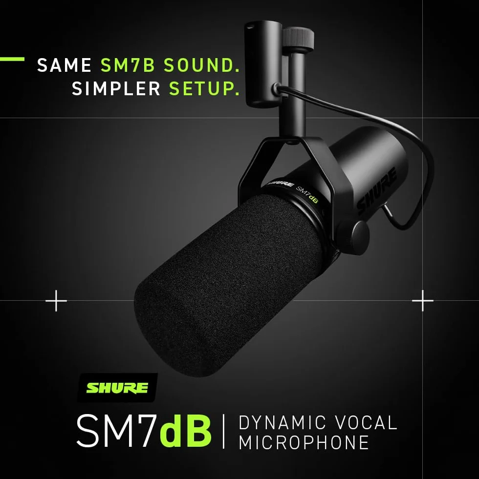 Shure SM7dB Dynamiczny mikrofon wokalowy do transmisji, podcastów i nagrywania, szeroki zakres częstotliwości, ciepły i gładki dźwięk, solidna konstrukcja, zdejmowana osłona przeciwwietrzna - czarny