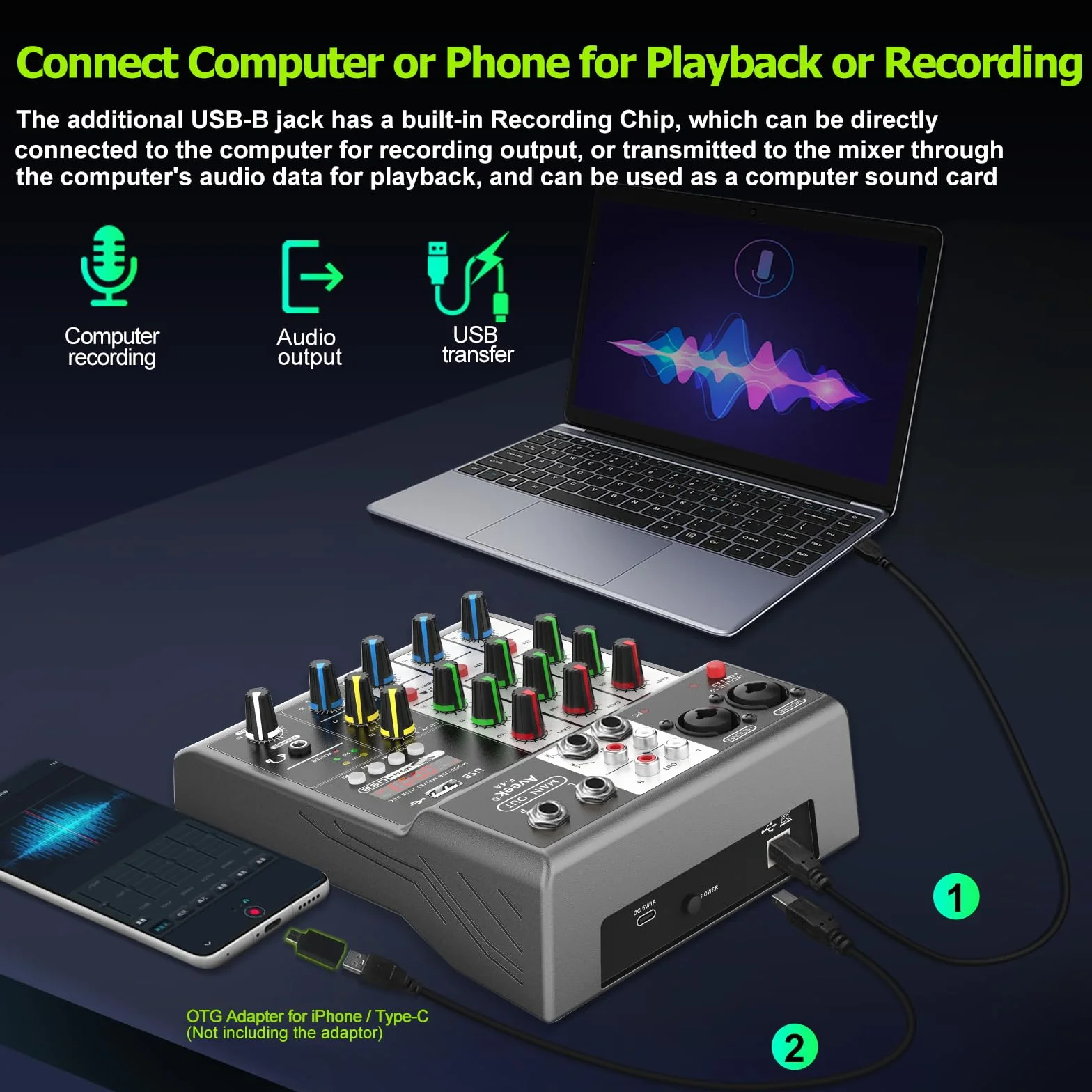 Aveek 4-kanałowy mikser audio, mikser dźwiękowy z efektem opóźnienia reverb USB, wejście 48 V, zasilanie fantomowe stereo DJ mikser do nagrywania, streamingu na żywo