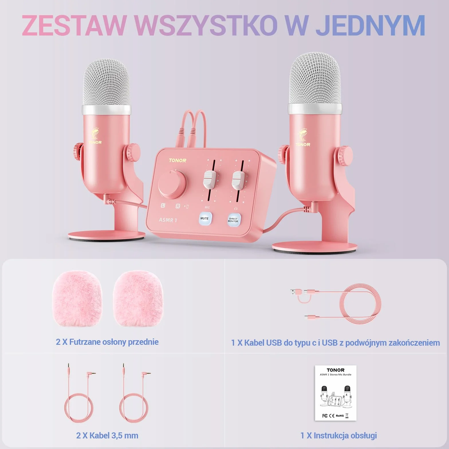 TONOR ASMR z Interfejsem Audio, Mikrofon USB z Podwójnym Kondensatorem, 192kHz, Dźwięk 3D, Czysty Dźwięk, Regulacja Głośności, Mikser, do Nagrywania i Tworzenia Treści – Różowy