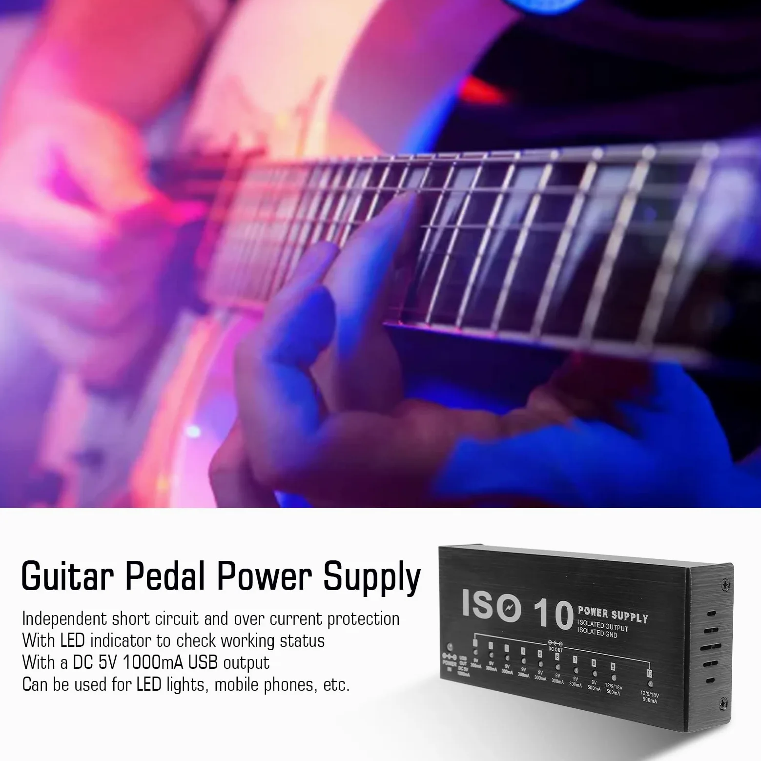 Zasilacz do Pedałów Gitarowych, 10 Wyjściowych Zasilaczy z Efektami Wyjściowymi Wyjście USB Izolowany Zasilacz do Pedałów Zasilacz Wieloefektowy ze Wskaźnikiem LED 2 (wtyczka UE)