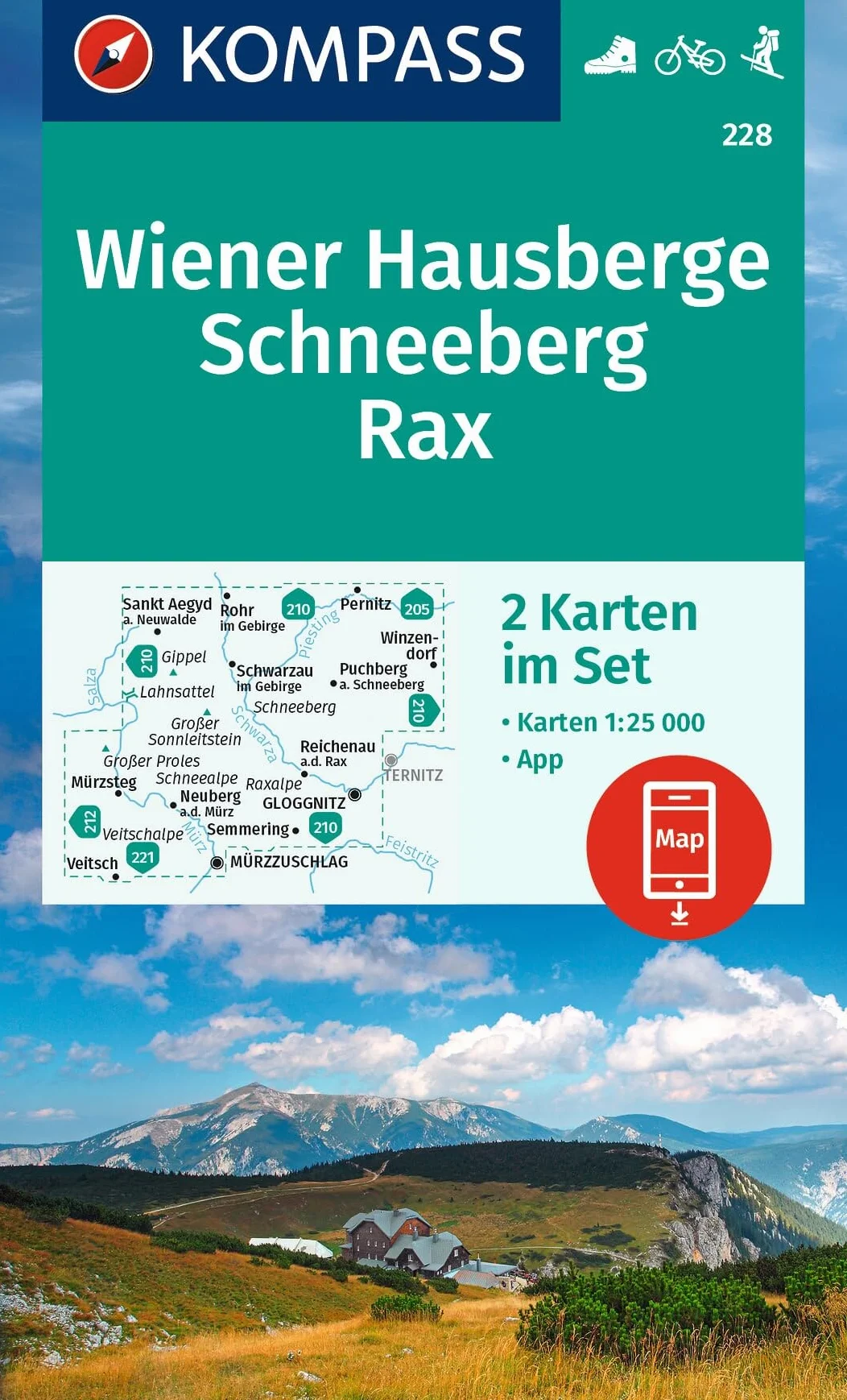 KOMPASS Wanderkarten-Set 228 Wiener Hausberge, Schneeberg, Rax (2 Karten) 1:25.000: inklusive Karte zur offline Verwendung in der KOMPASS-App. Fahrradfahren.
