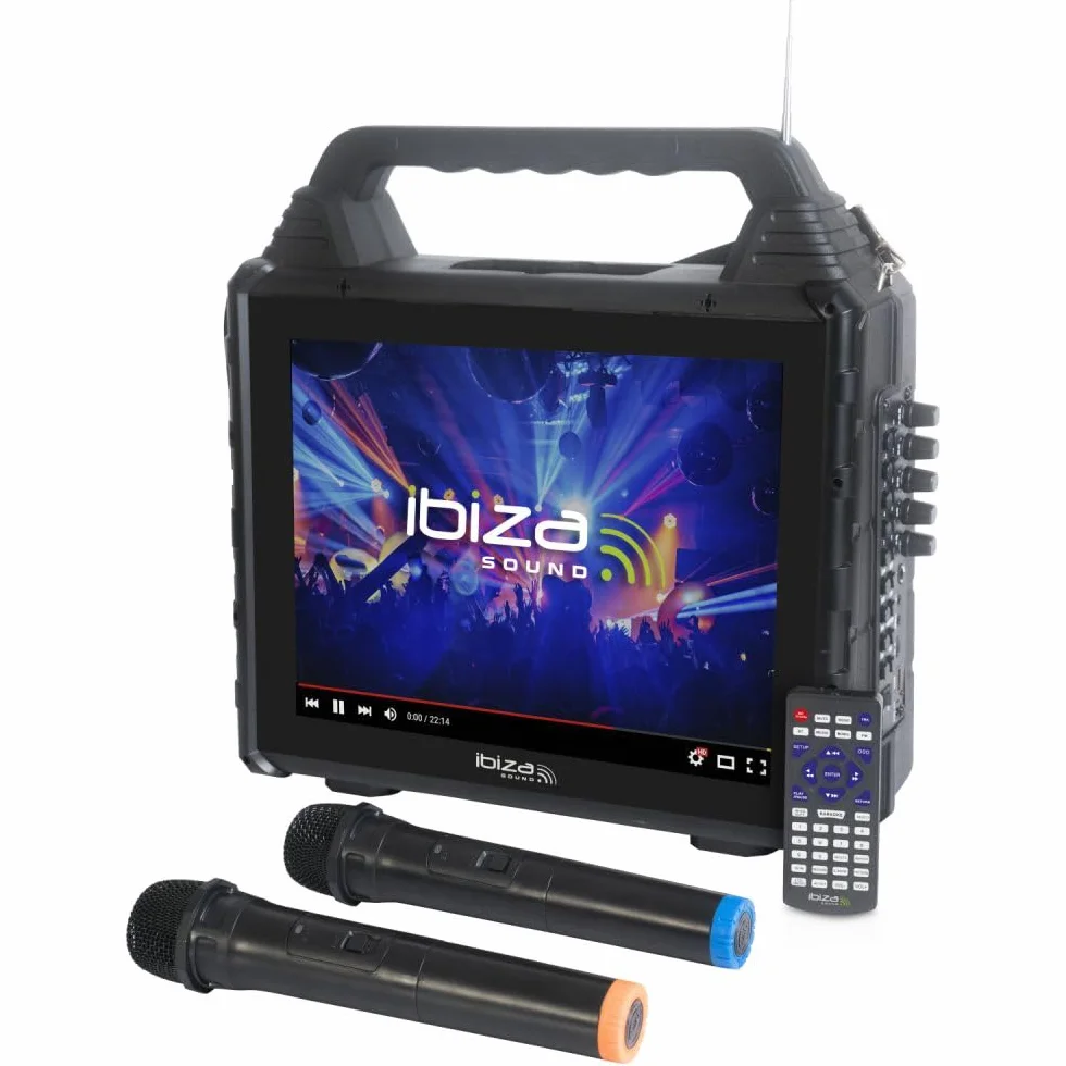 Ibiza KARAVISION Przenośny głośnik Karaoke z ekranem i 2x VHF Mics