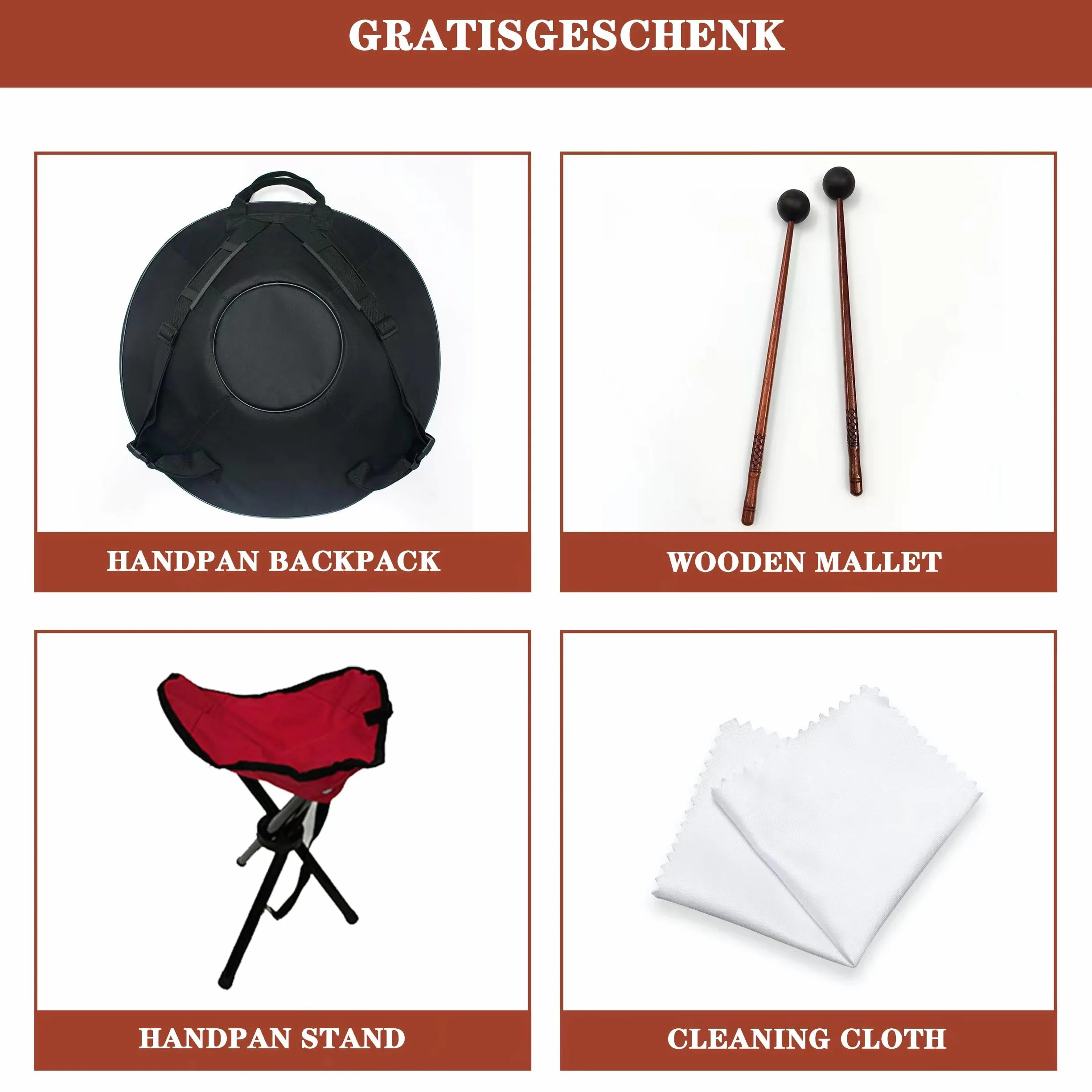 GLADFRESIT Handpan in d-moll, rzucający się w oczy fioletowo-czerwony, w komplecie ze stojakiem, walizką, wytrzymałymi pałeczkami i bezpyłową ściereczką (9-440 Hz)