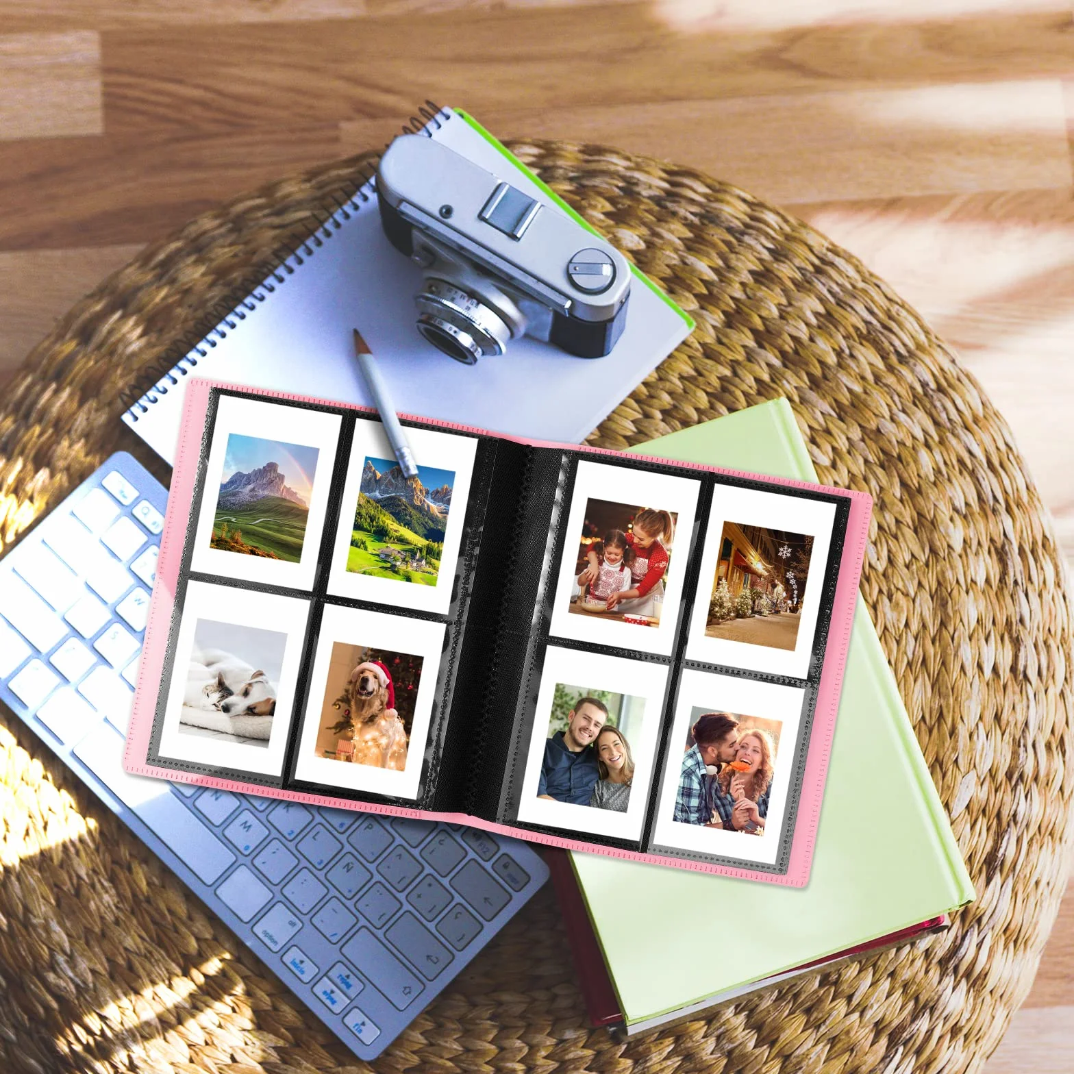 Flintronic Album fotograficzny, 160-kieszeniowy album pamiątkowy, 40-stronicowy mini album filmowy do Instax Mini, papier fotograficzny z cynkiem i zębatką - różowy