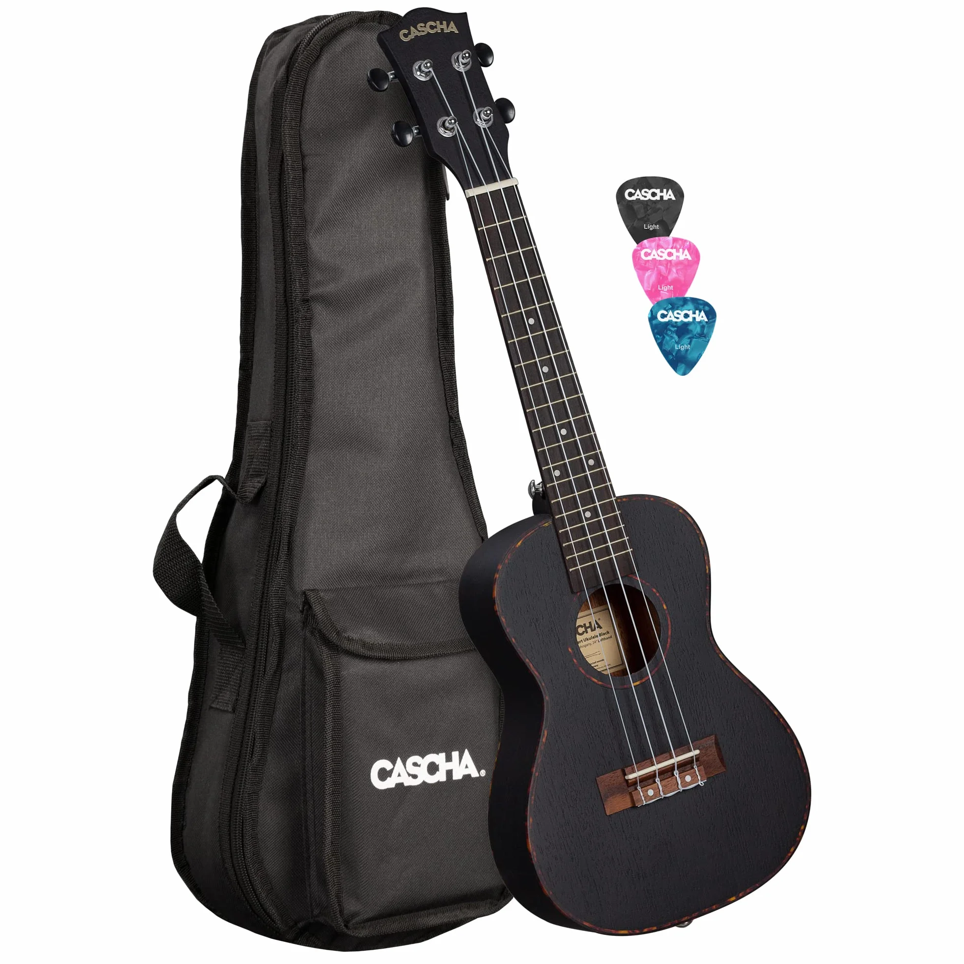 Cascha Koncert Mahogany Black Ukulele, Zestaw Startowy, 3 Kolorowe Etui na Kostki, Premium, Czarny, Mała Gitara Hawajska dla Początkujących i Zaawansowanych