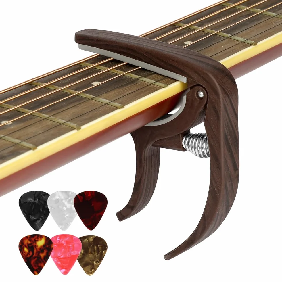 Aomig Kapodaster stroik do gitary, stroik uniwersalny z klipem, capo do gitary z 6 plektronami, dokładny tuner dla wszystkich instrumentów, stroik do gitary, ukulele, akcesoria gitarowe, drewno