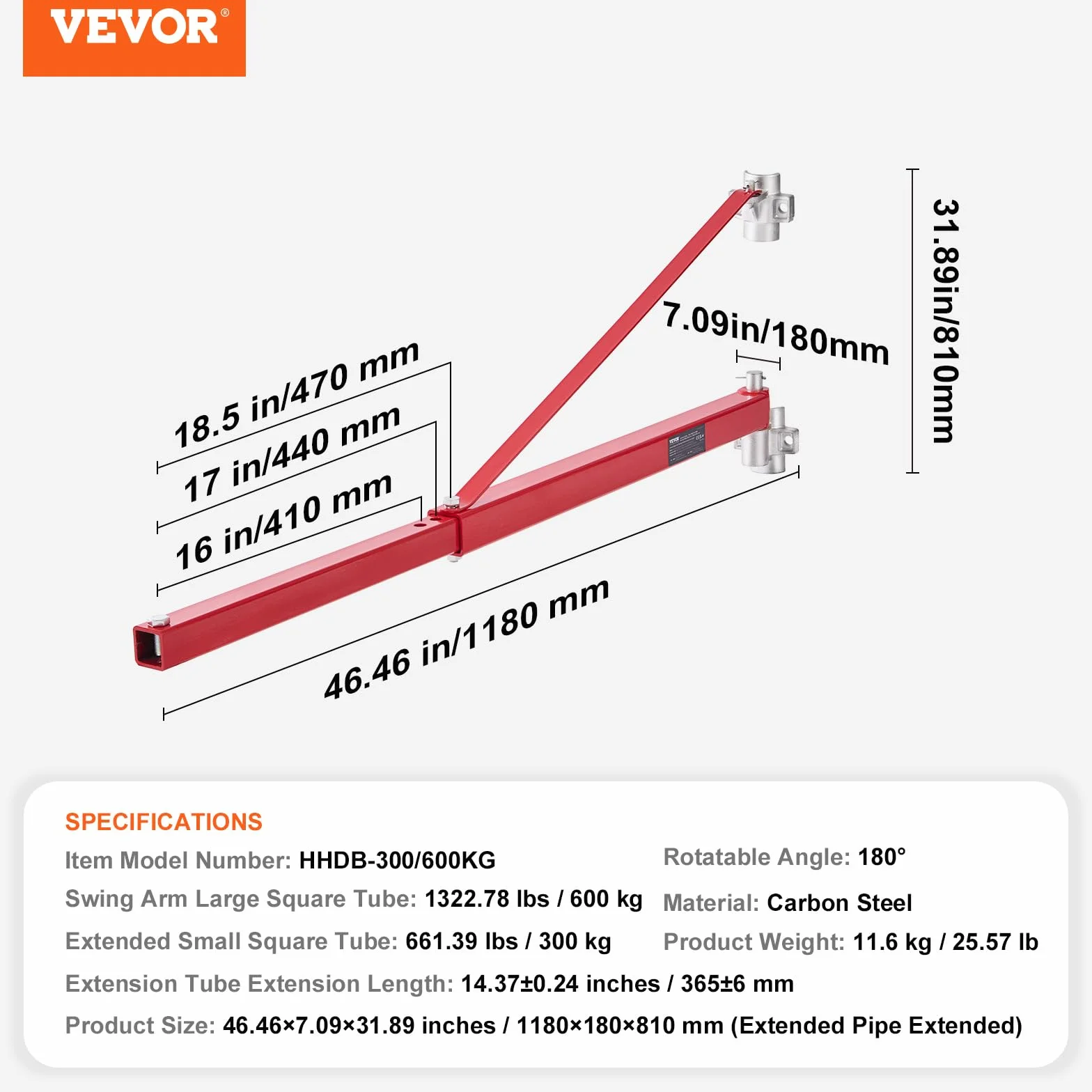 VEVOR Elektryczne ramię podtrzymujące wciągnik, nośność 600 kg, ramię obrotowe wciągnika elektrycznego, stalowa rama wciągnika, ramię podnoszenia podnośnika rusztowania 180° do warsztatu, garażu