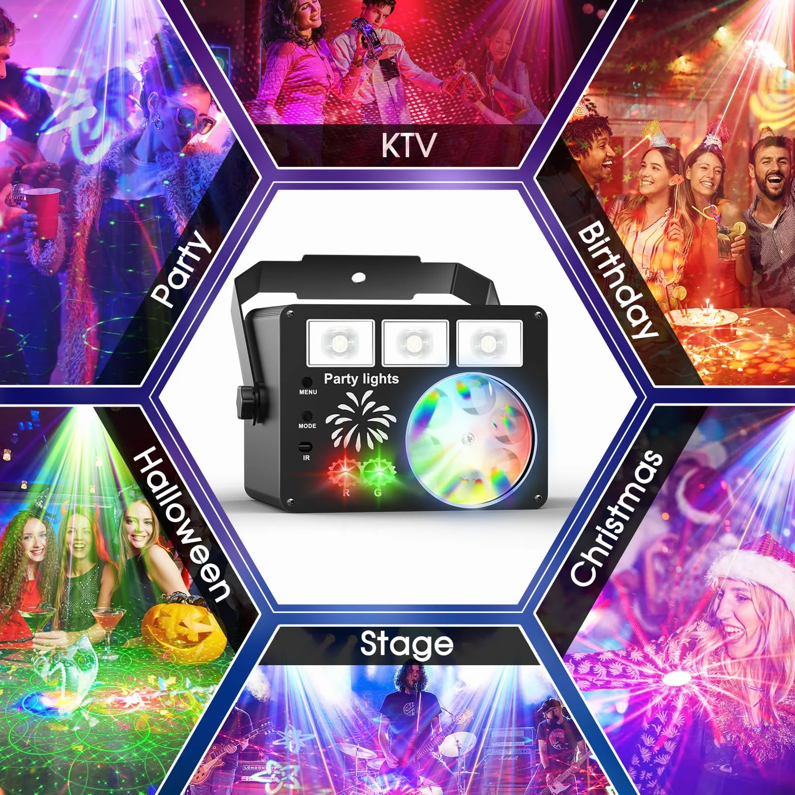 Oświetlenie sceniczne,kula dyskotekowa 60 wzorów RGB, oświetlenie imprezowe 3 w 1 z efektem UV, światło stroboskopowe aktywowane muzyką, obrotowe światło dyskotekowe USB o 360° na Boże Narodzenie, bar
