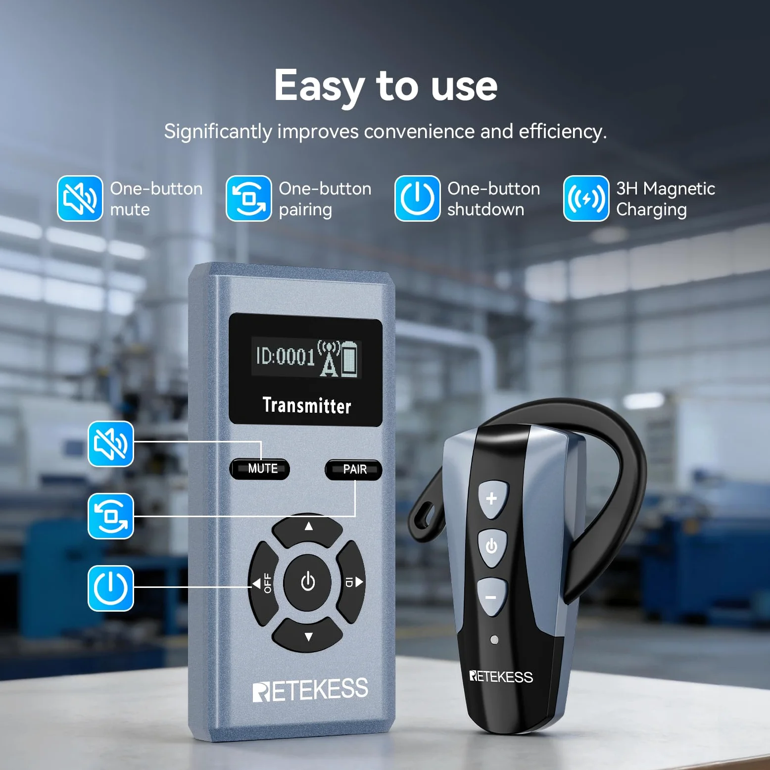 Retekess TT106S Bezprzewodowy System Tour Guide, Słuchawki z Zaczepem na Ucho, 2.4G, 200 m, Port Ladowania USB, dla Grup Turystycznych, Sesje Szkoleniowe (1 Nadajnik, 10 Odbiorników)